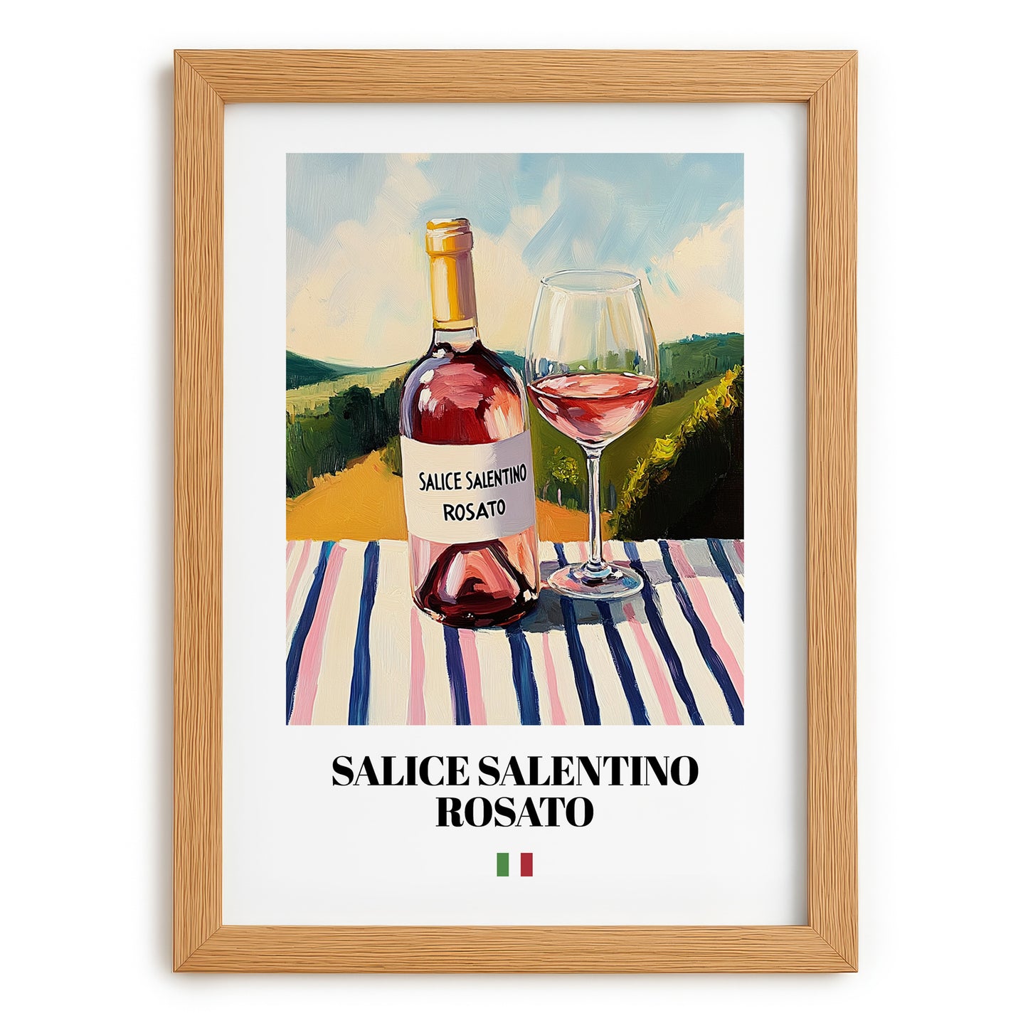 Salice Salentino Rosato – Italian Rose Wine, Tasting Room Wall Art, set in oak frame