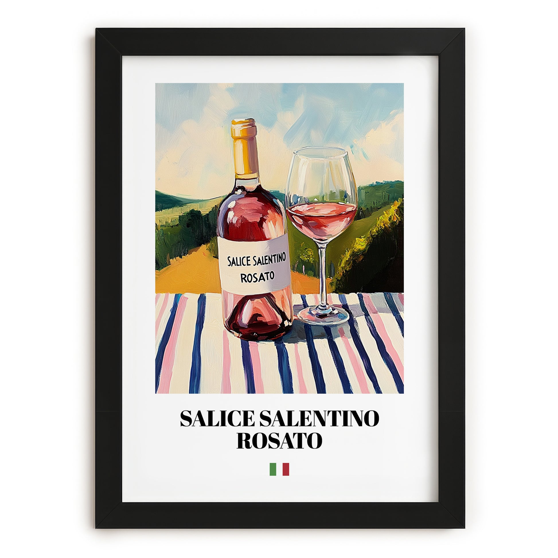 Salice Salentino Rosato – Italian Rose Wine, Tasting Room Wall Art, in sleek black frame