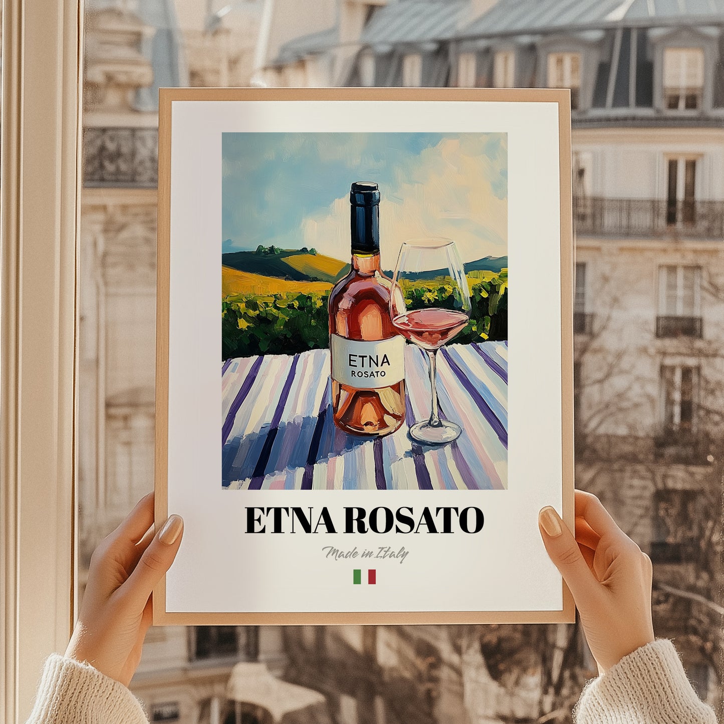 Etna Rosato – Italian Rose Wine, Wine Bar Print, styled in a charming Paris street view