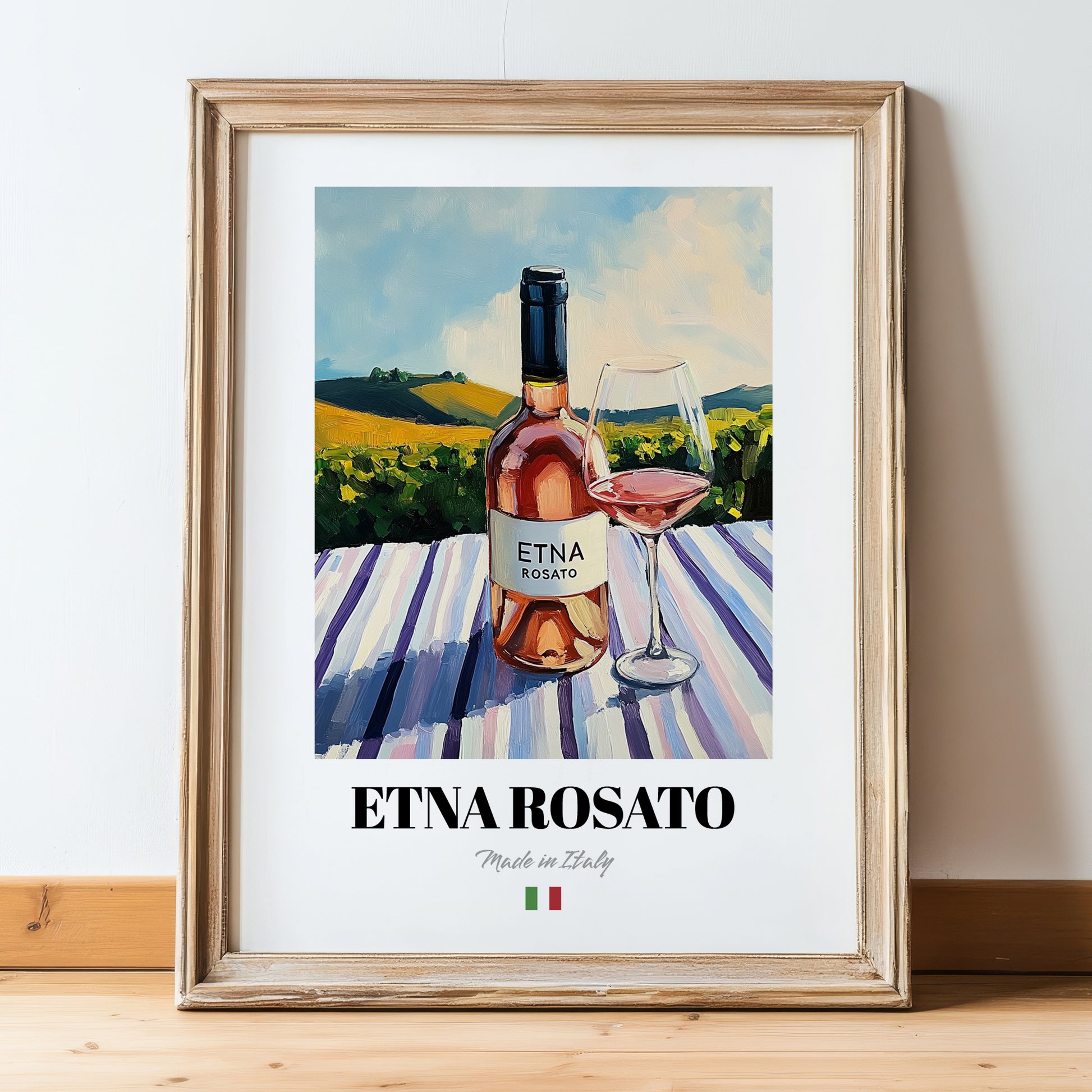 Etna Rosato – Italian Rose Wine, Wine Bar Print, in wooden frame leaning on the floor