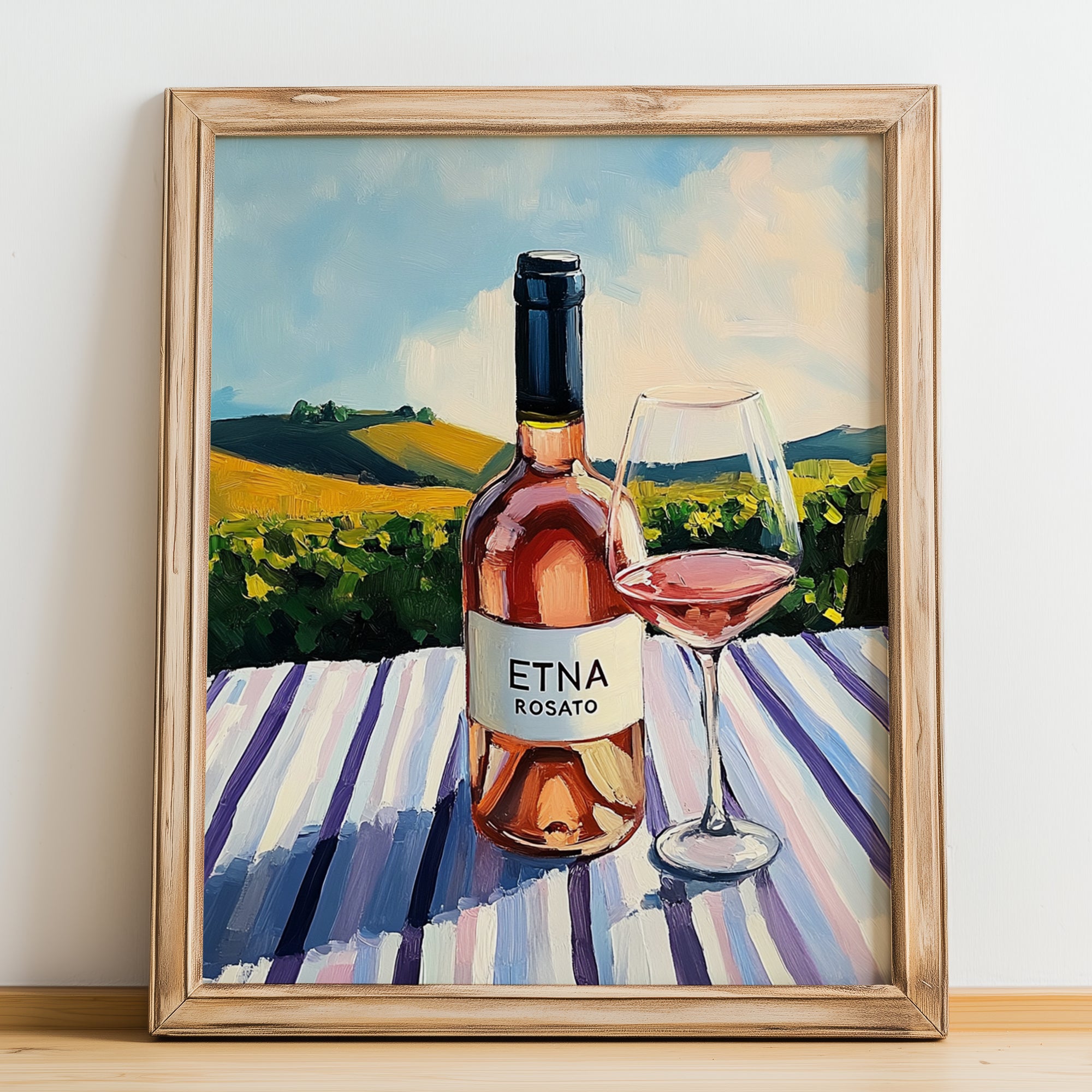 Etna Rosato – Italian Rose Wine, Wine Bar Print, no-text version framed in wood