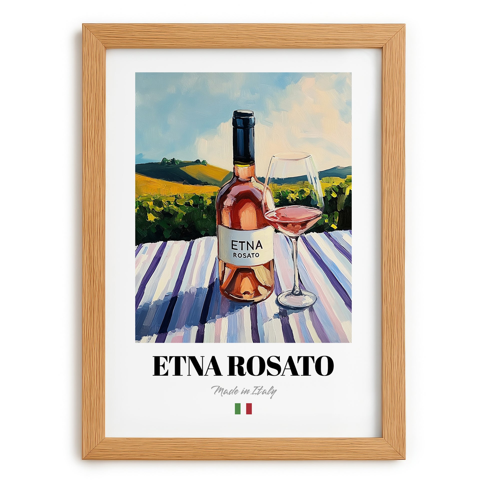 Etna Rosato – Italian Rose Wine, Wine Bar Print, set in oak frame