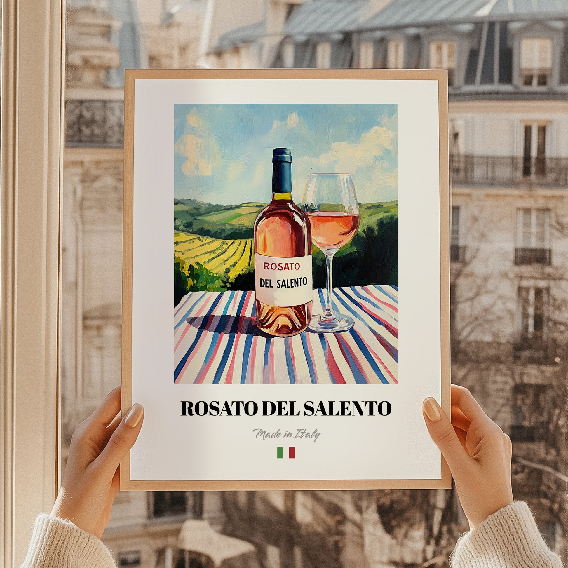 Rosato del Salento – Italian Rose Wine, Wine Bar Poster, styled in a charming Paris street view
