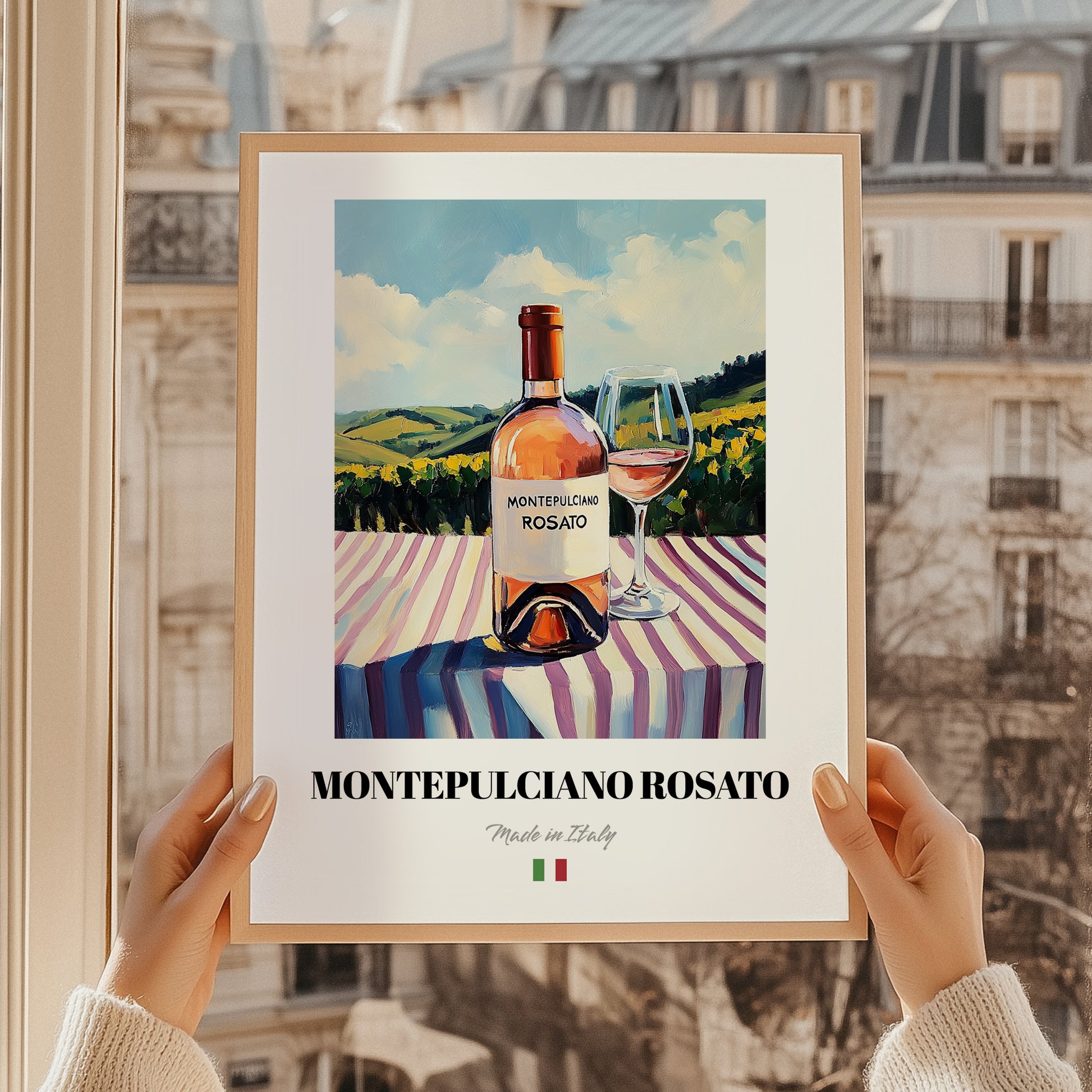 Montepulciano Rosato – Italian Rose Wine, Wine Bar Print, styled in a charming Paris street view