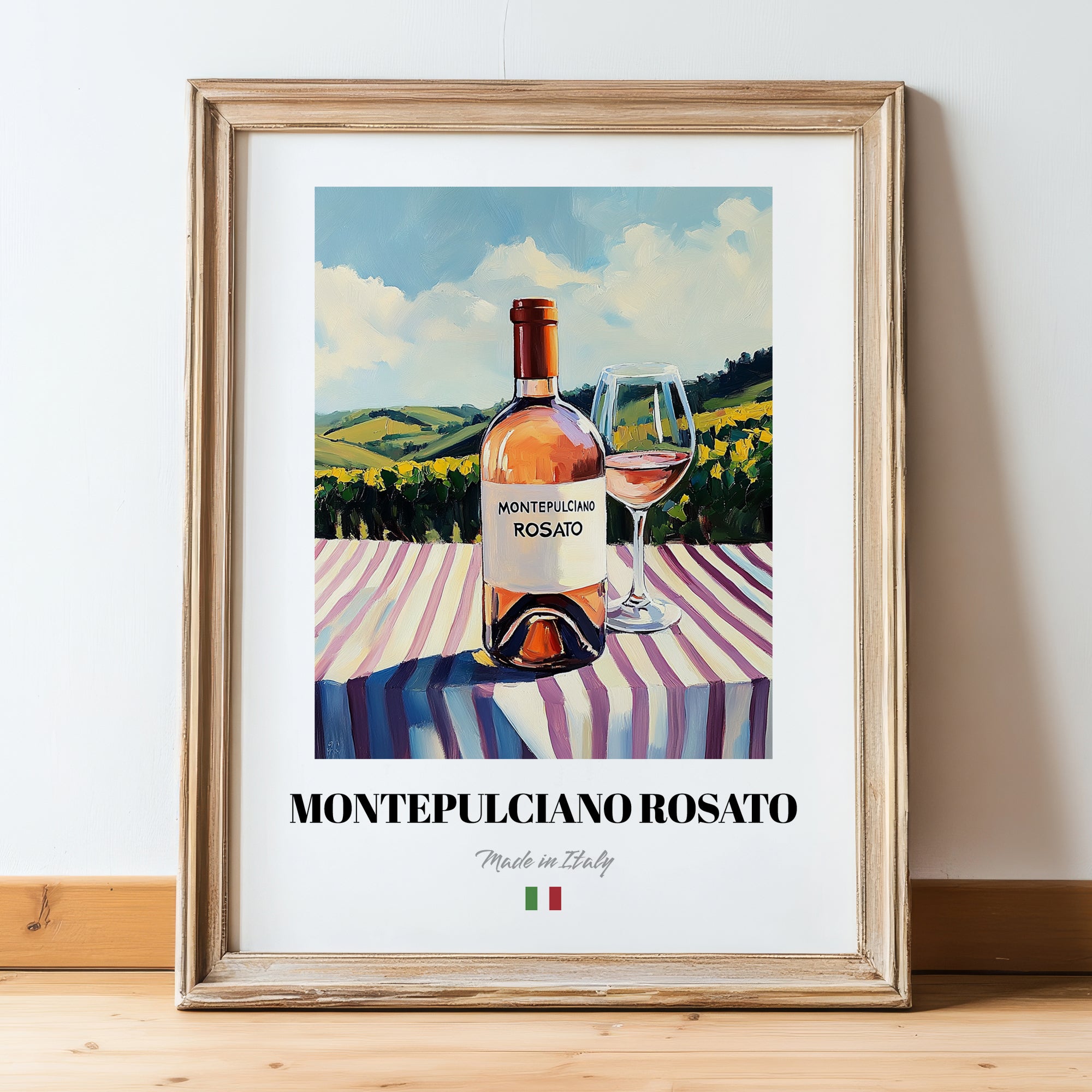 Montepulciano Rosato – Italian Rose Wine, Wine Bar Print, in wooden frame leaning on the floor