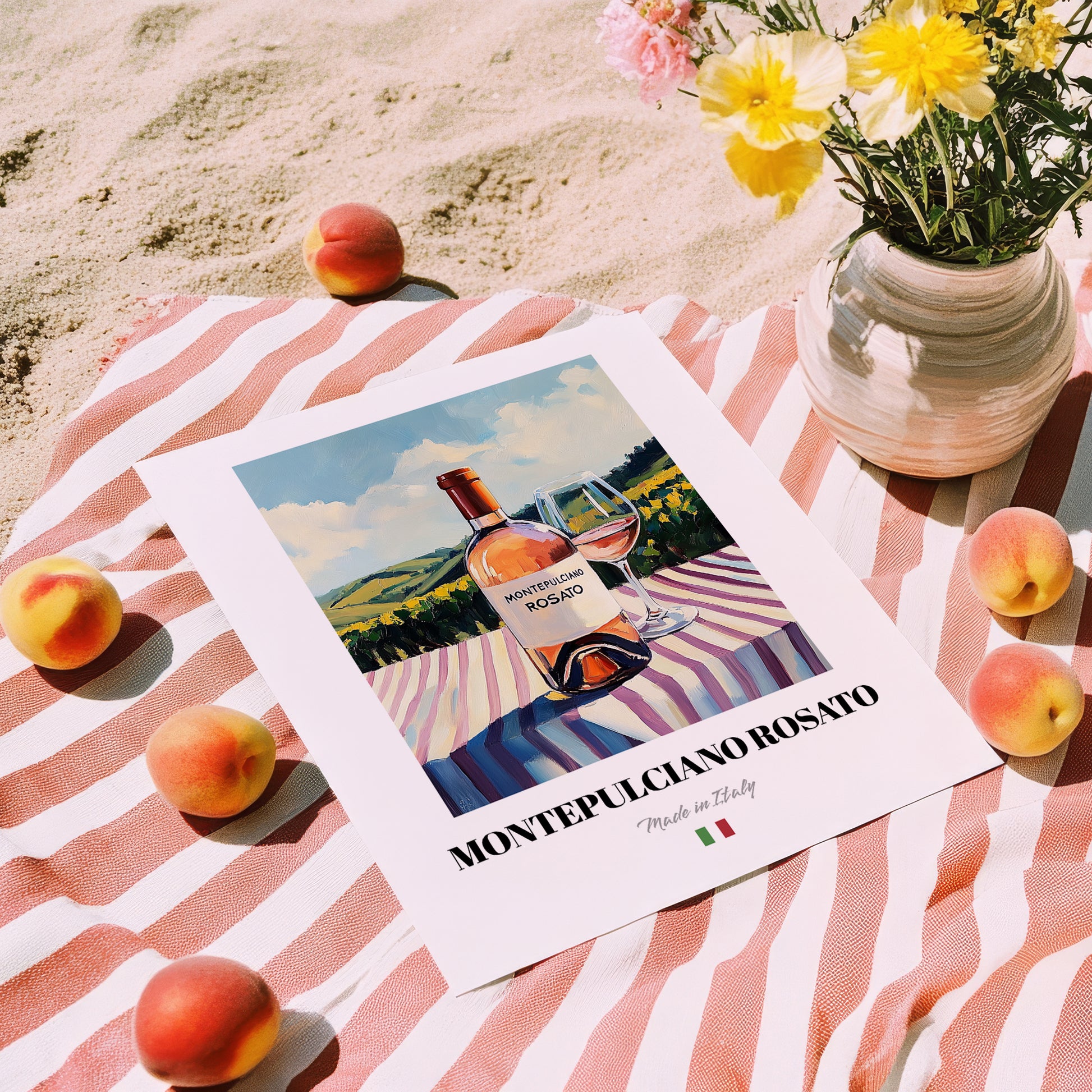Montepulciano Rosato – Italian Rose Wine, Wine Bar Print, unframed on coastal sand