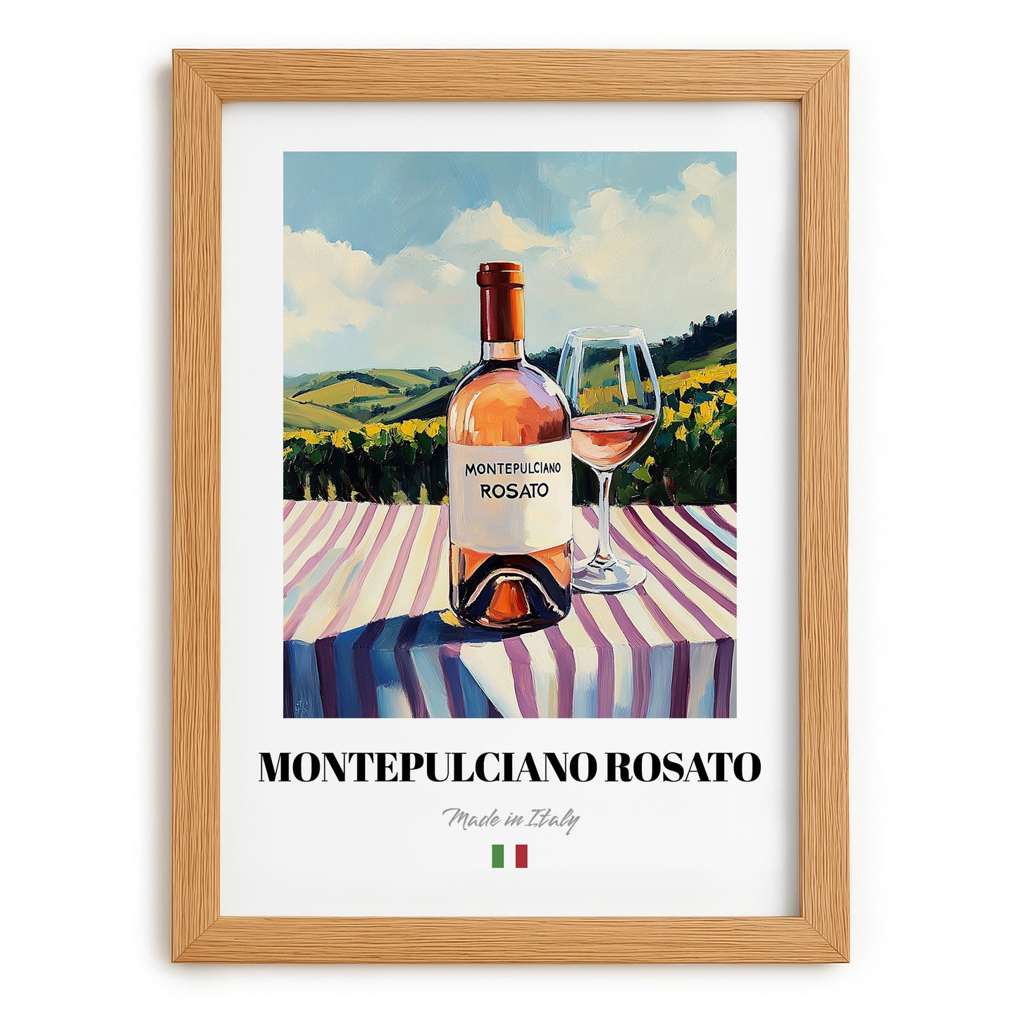 Montepulciano Rosato – Italian Rose Wine, Wine Bar Print, set in oak frame