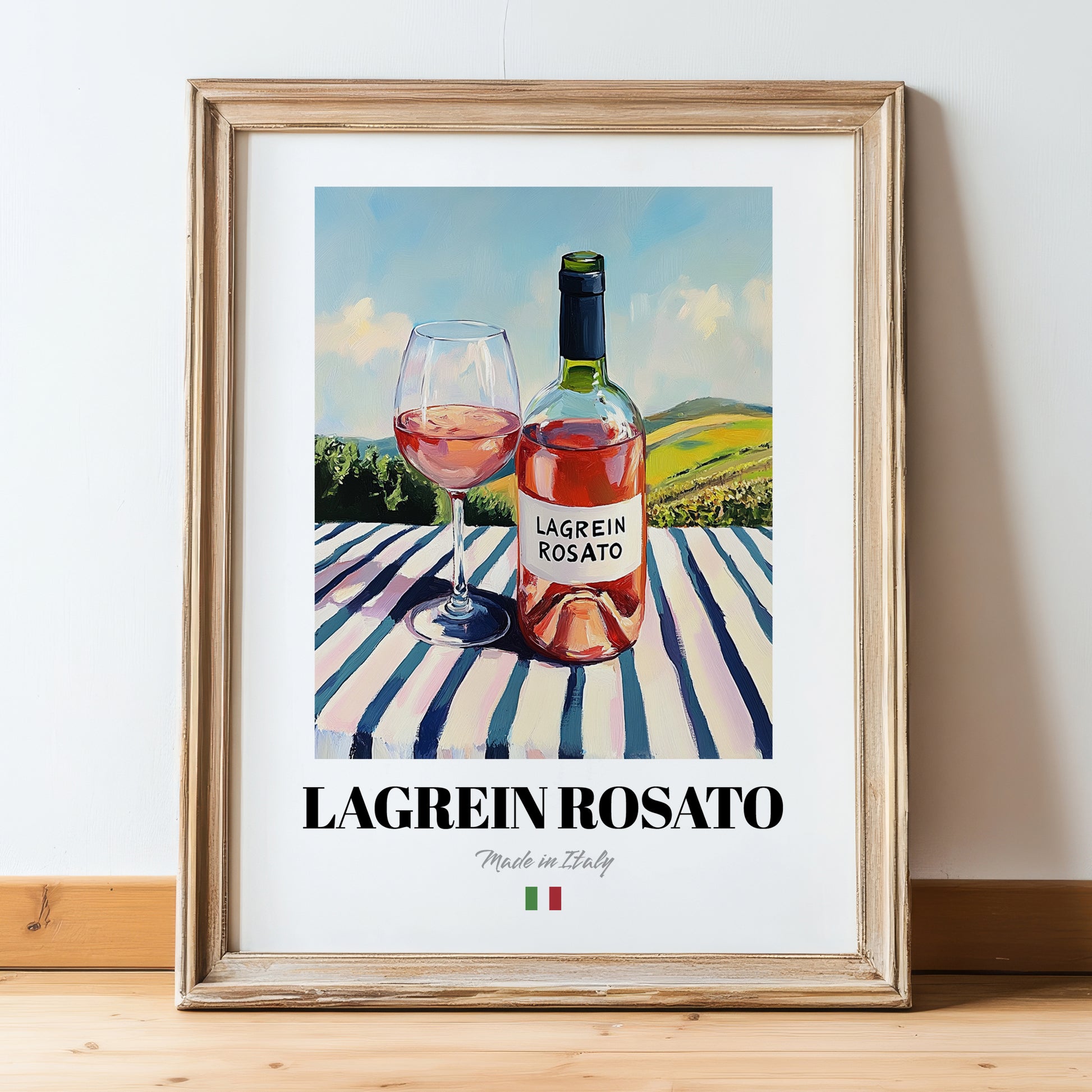 Lagrein Rosato – Italian Rose Wine, Wine Bar Still Life, in wooden frame leaning on the floor