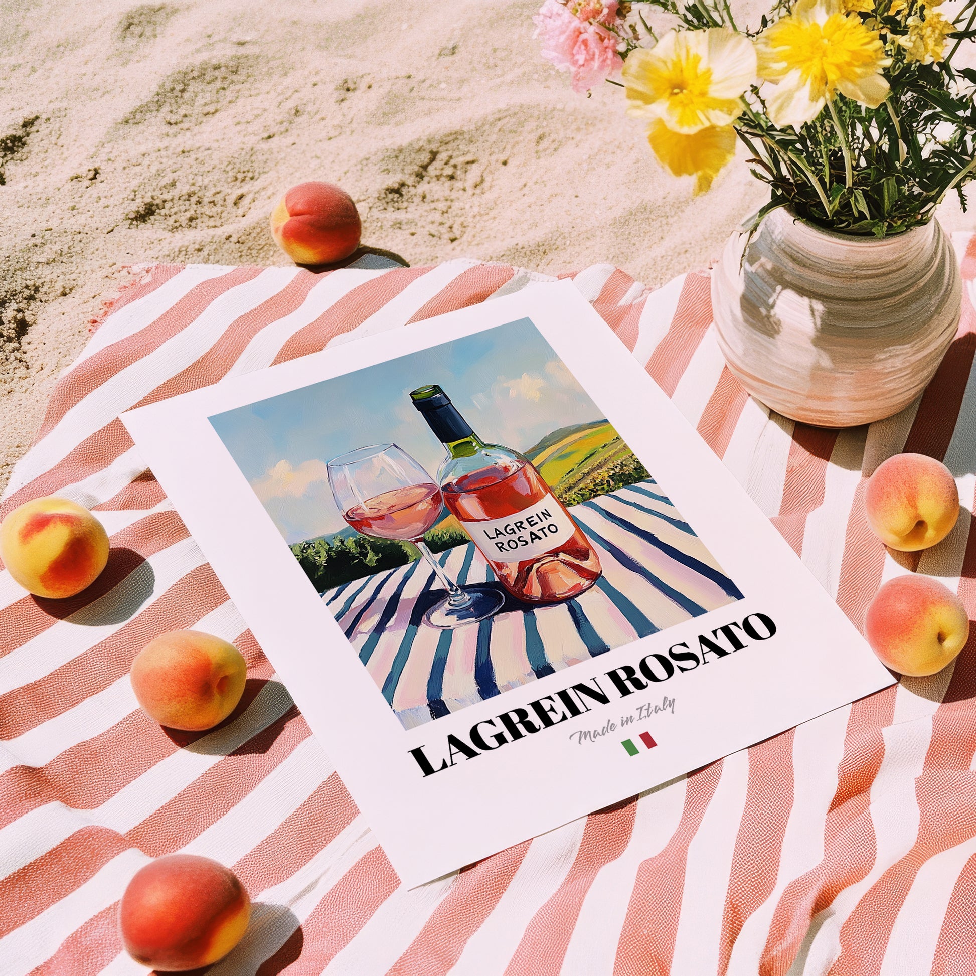 Lagrein Rosato – Italian Rose Wine, Wine Bar Still Life, unframed on coastal sand