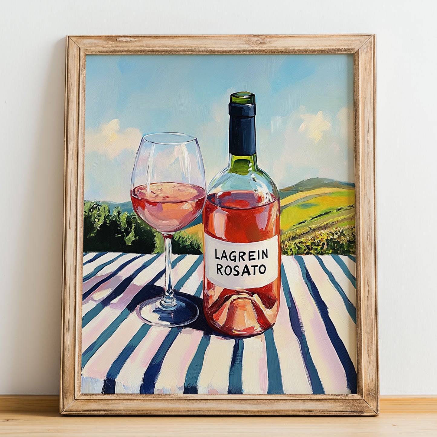 Lagrein Rosato – Italian Rose Wine, Wine Bar Still Life, no-text version framed in wood