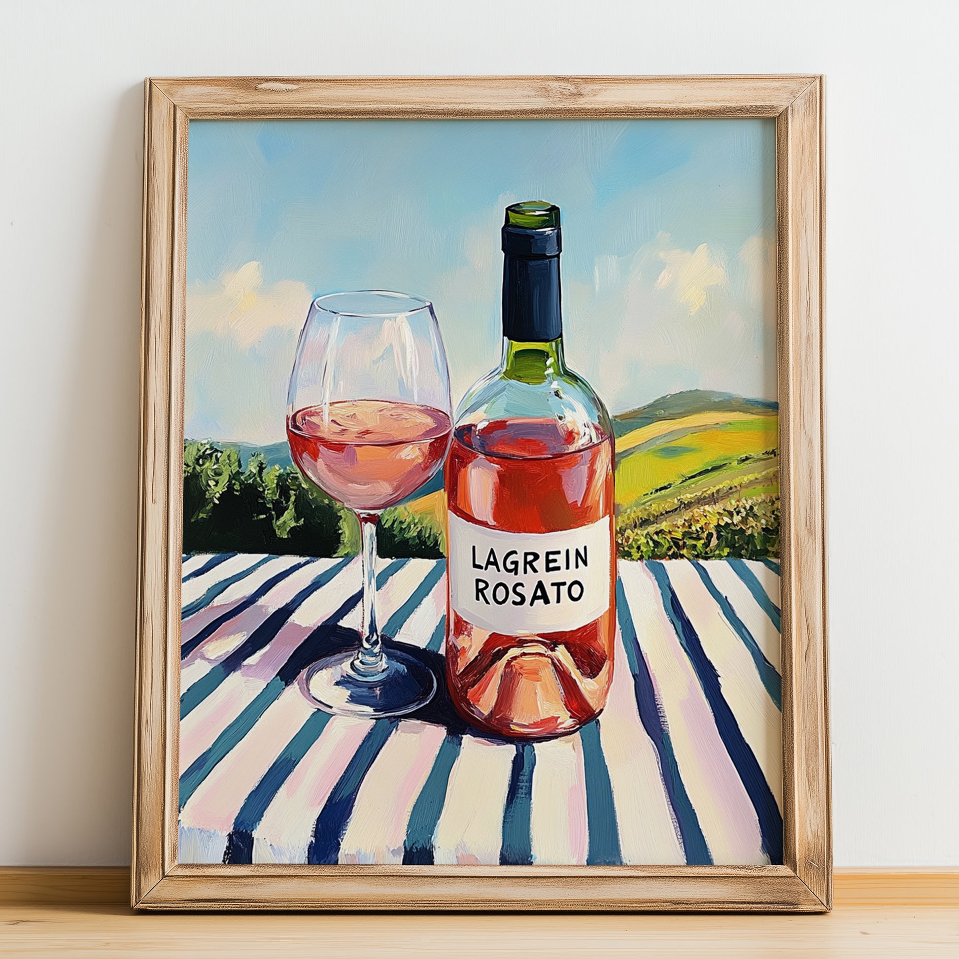 Lagrein Rosato – Italian Rose Wine, Wine Bar Still Life, no-text version framed in wood