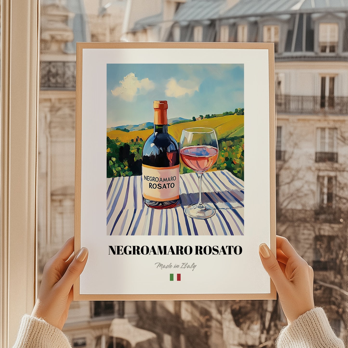 Negroamaro Rosato – Italian Rose Wine, Enoteca Wall Decor, styled in a charming Paris street view