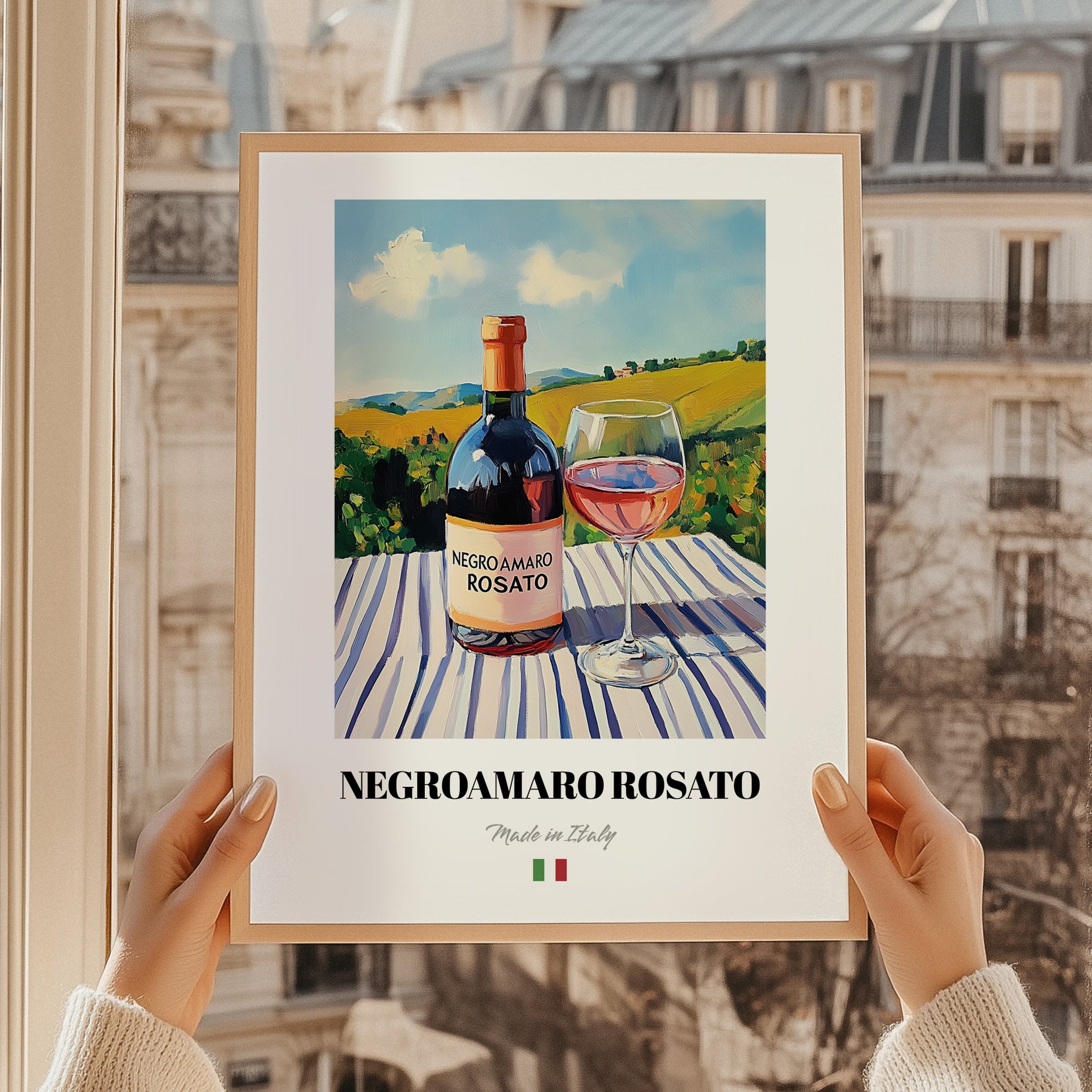 Negroamaro Rosato – Italian Rose Wine, Enoteca Wall Decor, styled in a charming Paris street view