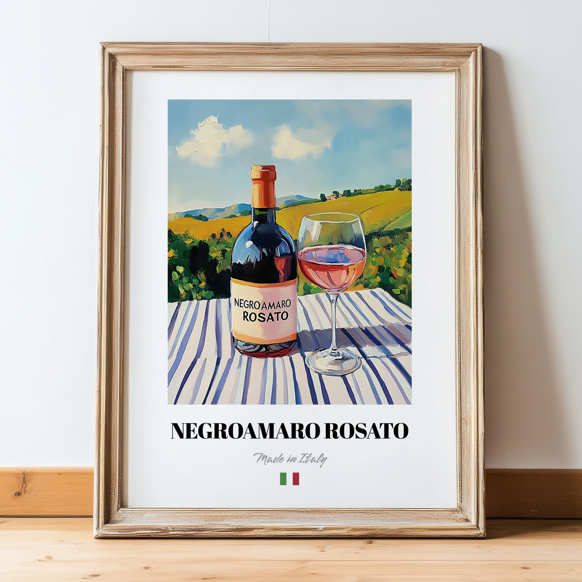 Negroamaro Rosato – Italian Rose Wine, Enoteca Wall Decor, in wooden frame leaning on the floor