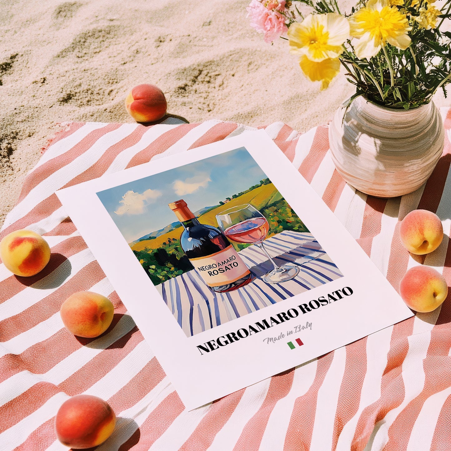 Negroamaro Rosato – Italian Rose Wine, Enoteca Wall Decor, unframed on coastal sand