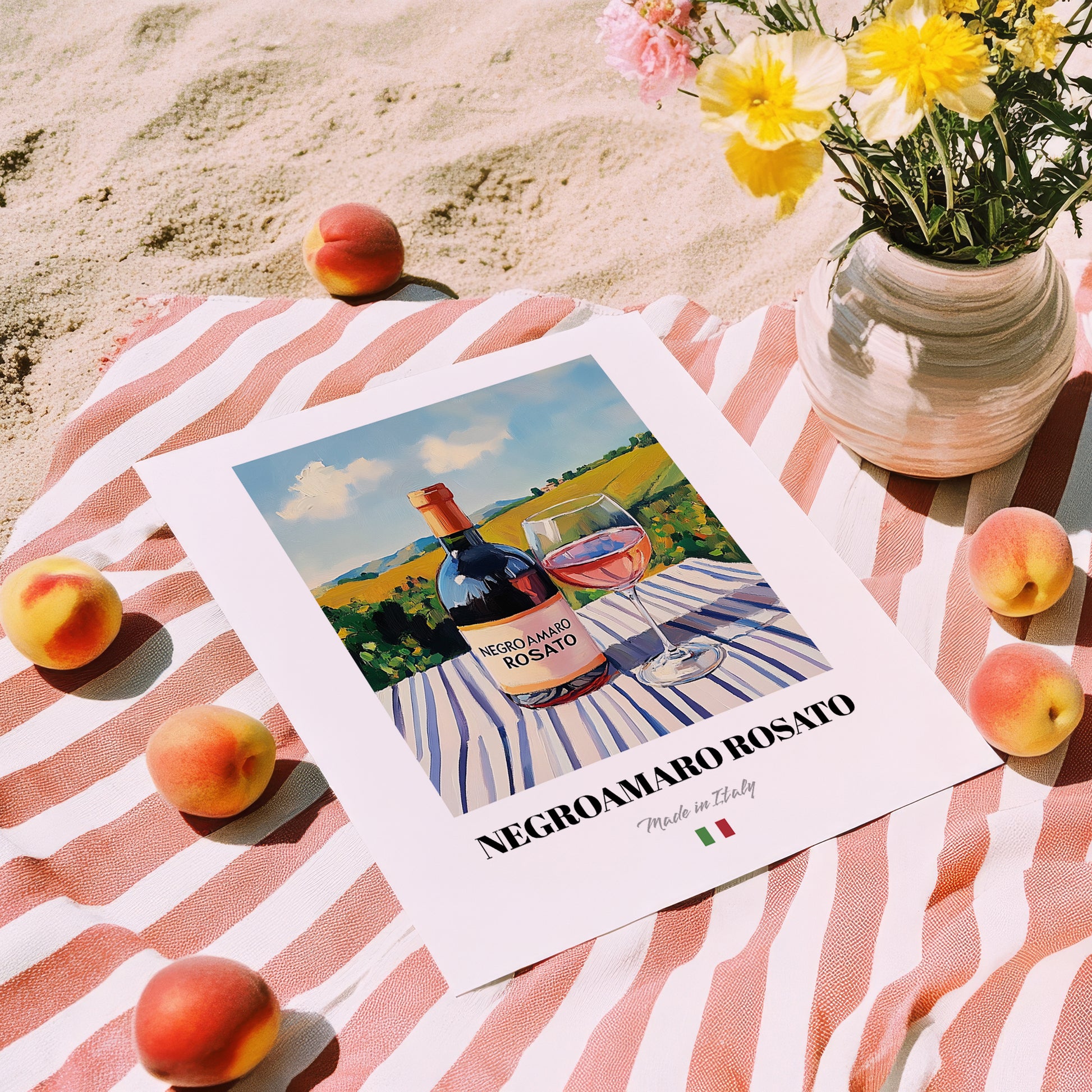 Negroamaro Rosato – Italian Rose Wine, Enoteca Wall Decor, unframed on coastal sand