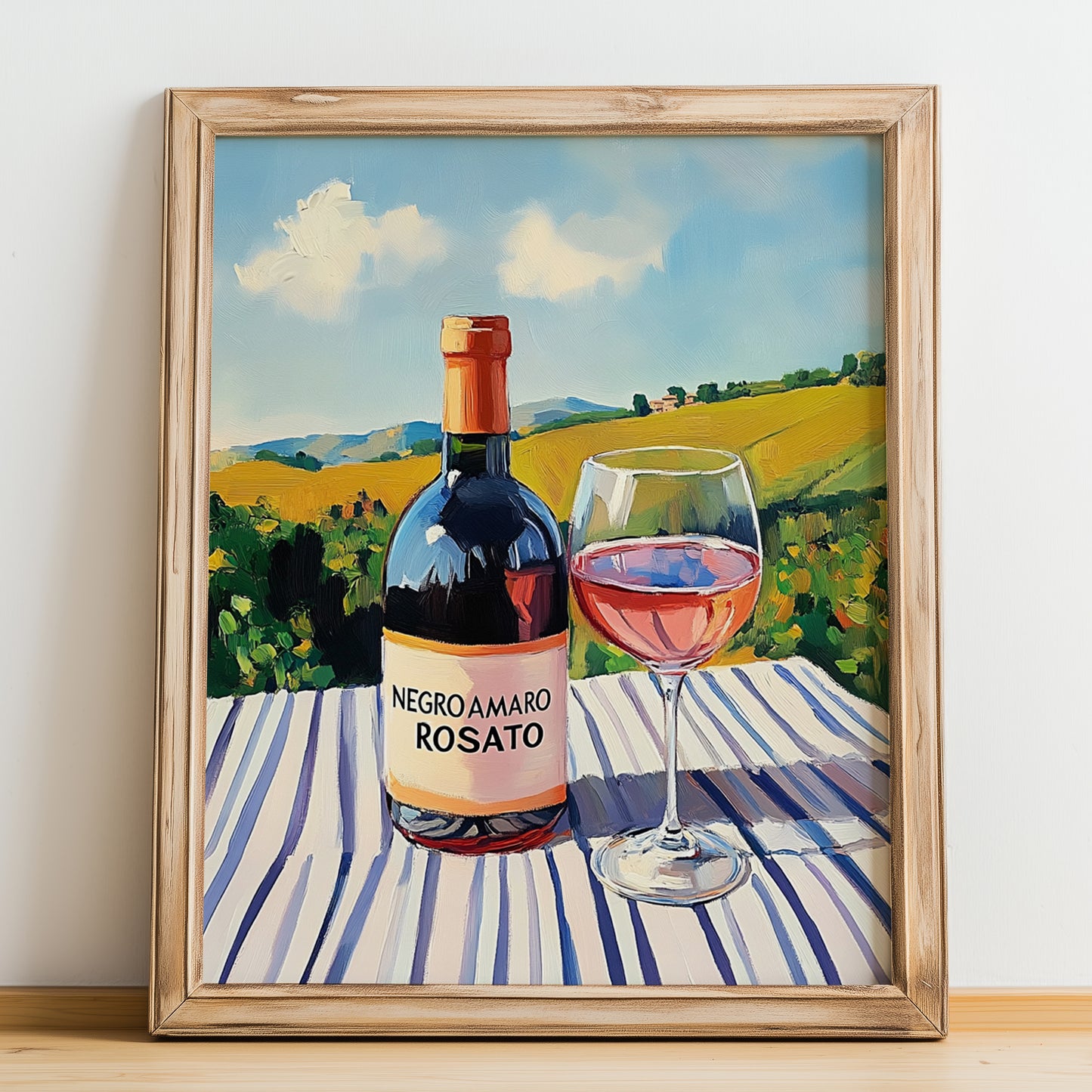 Negroamaro Rosato – Italian Rose Wine, Enoteca Wall Decor, no-text version framed in wood