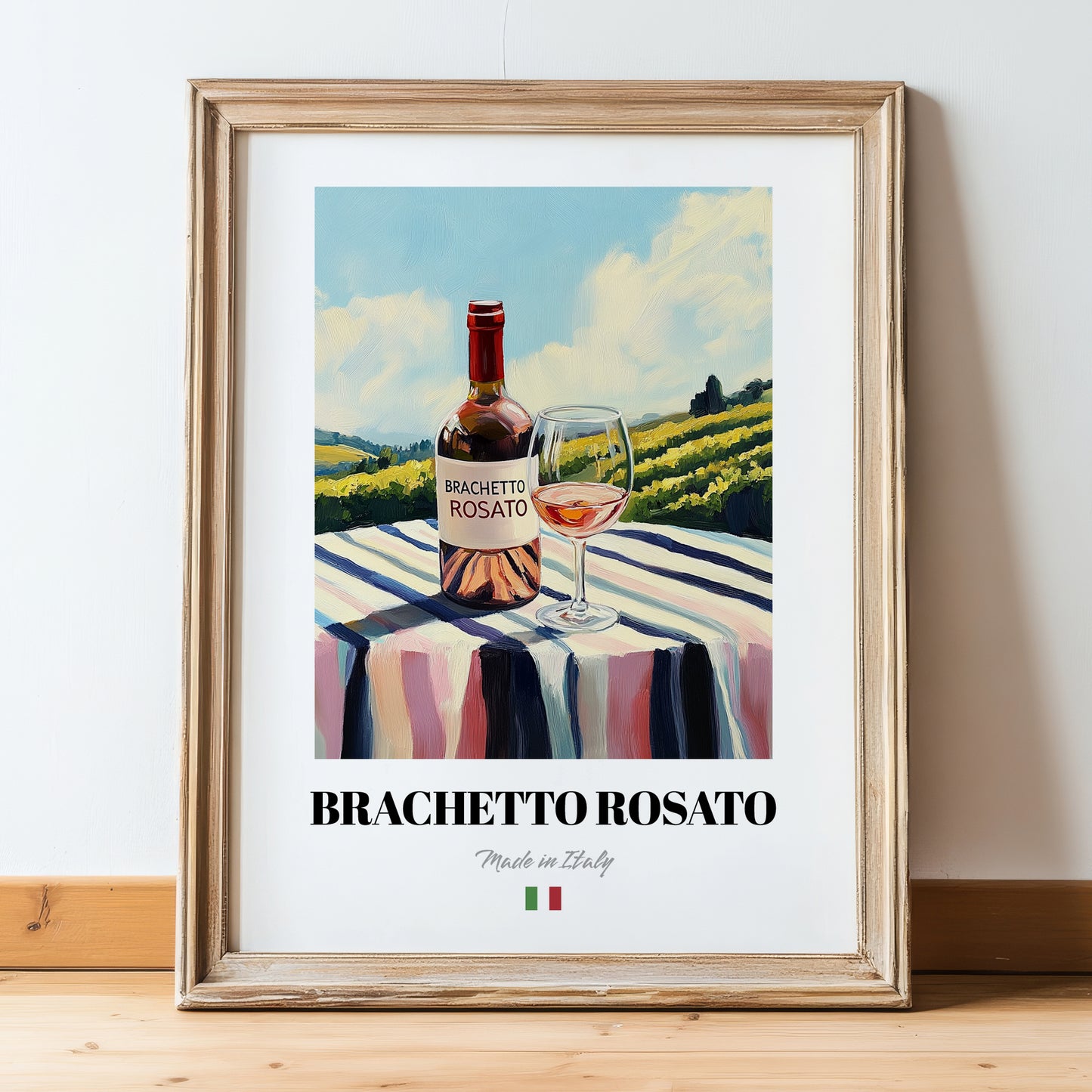 Brachetto Rosato – Italian Rose Wine, Vinoteca Still Life, in wooden frame leaning on the floor