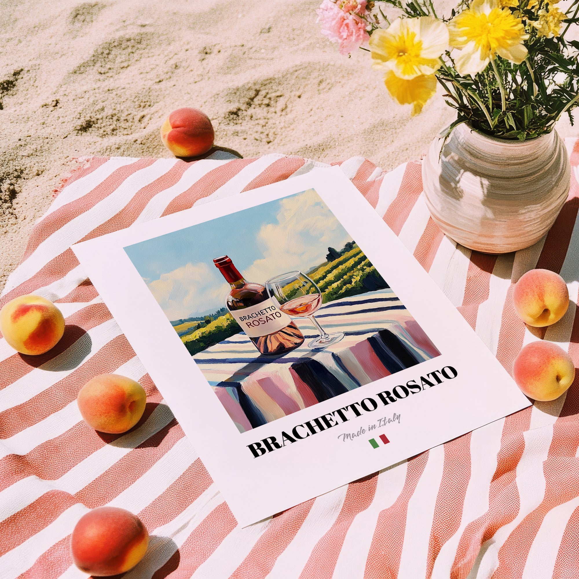 Brachetto Rosato – Italian Rose Wine, Vinoteca Still Life, unframed on coastal sand