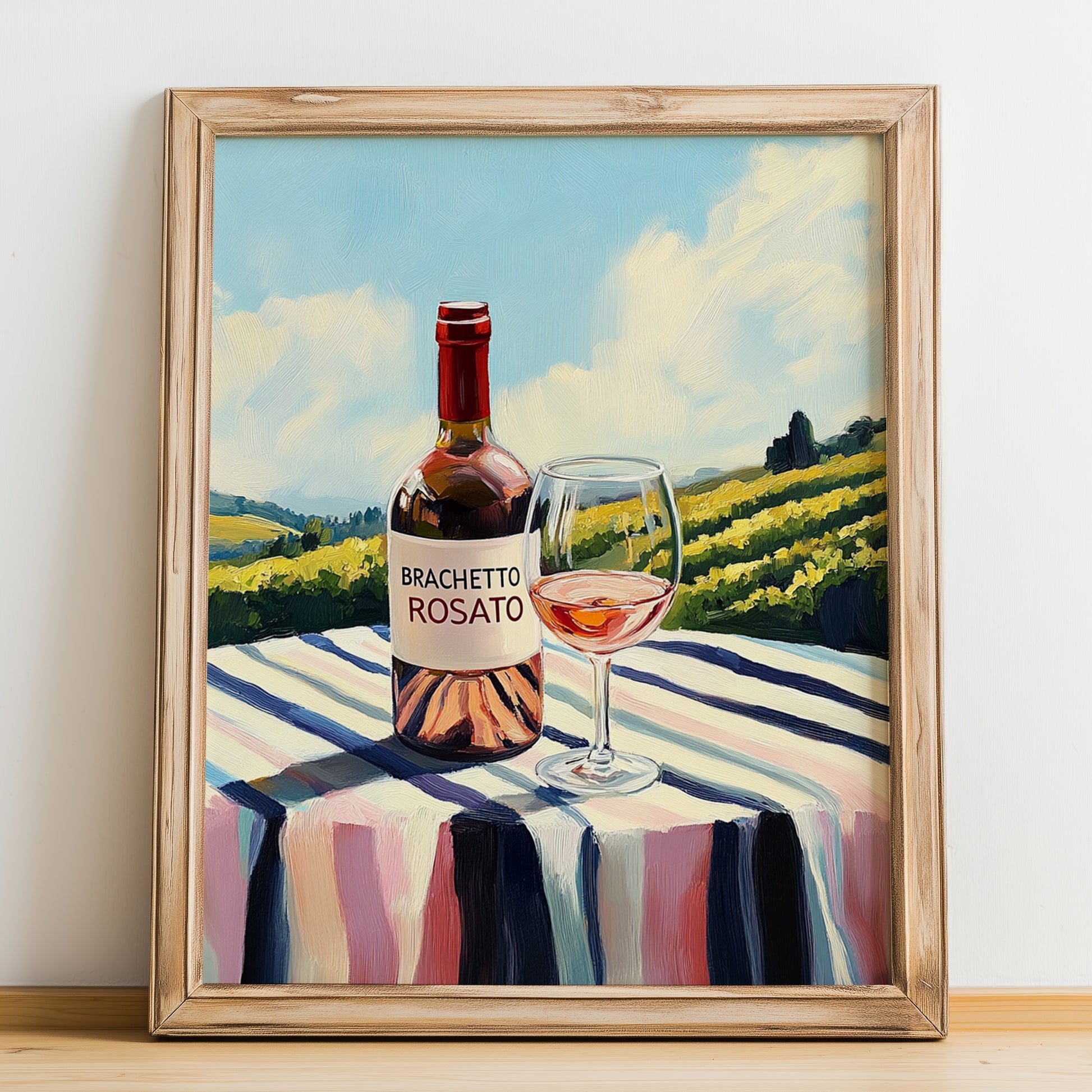 Brachetto Rosato – Italian Rose Wine, Vinoteca Still Life, no-text version framed in wood