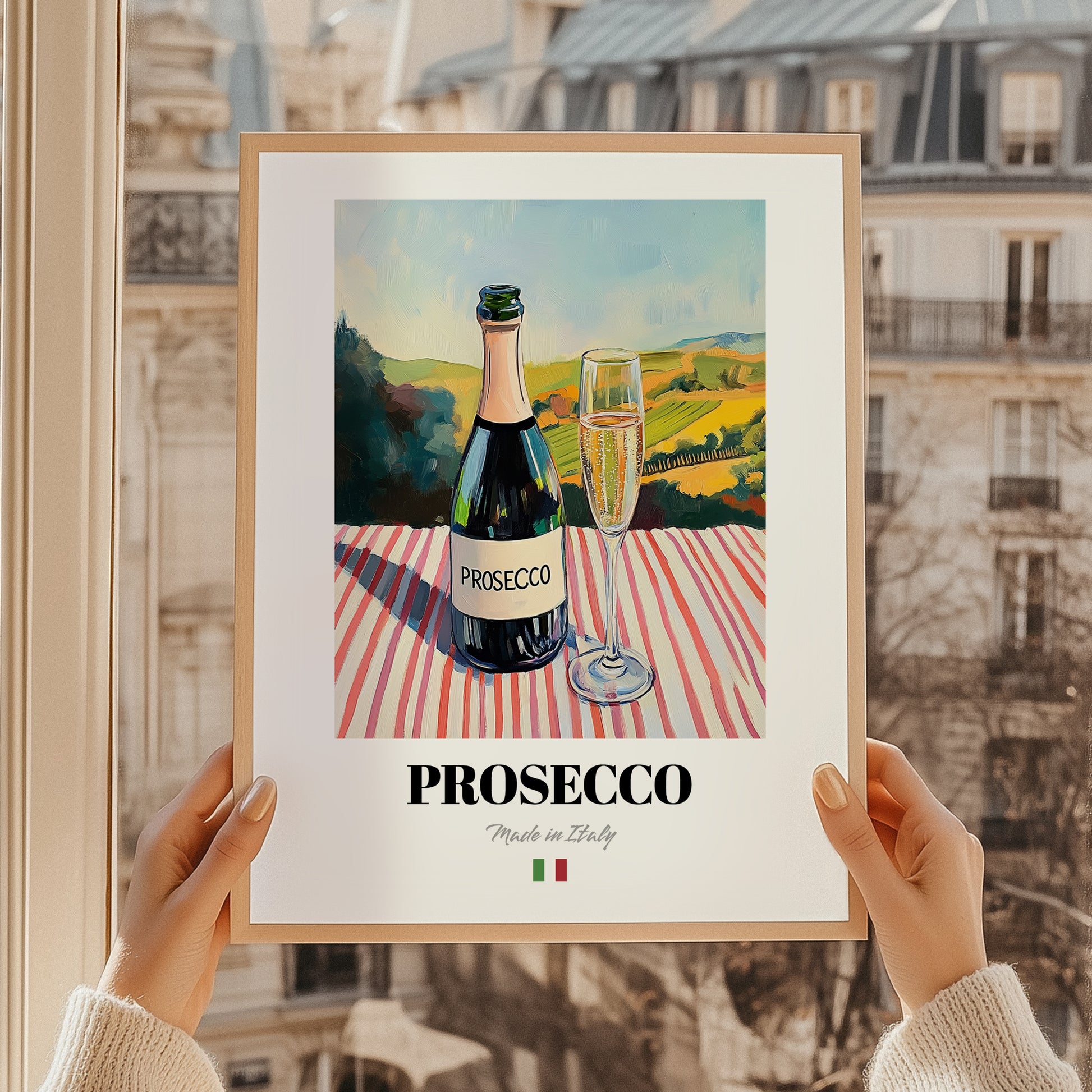 Prosecco – Italian Sparkling Wine, Vineyard Terrace Wall Decor, styled in a charming Paris street view