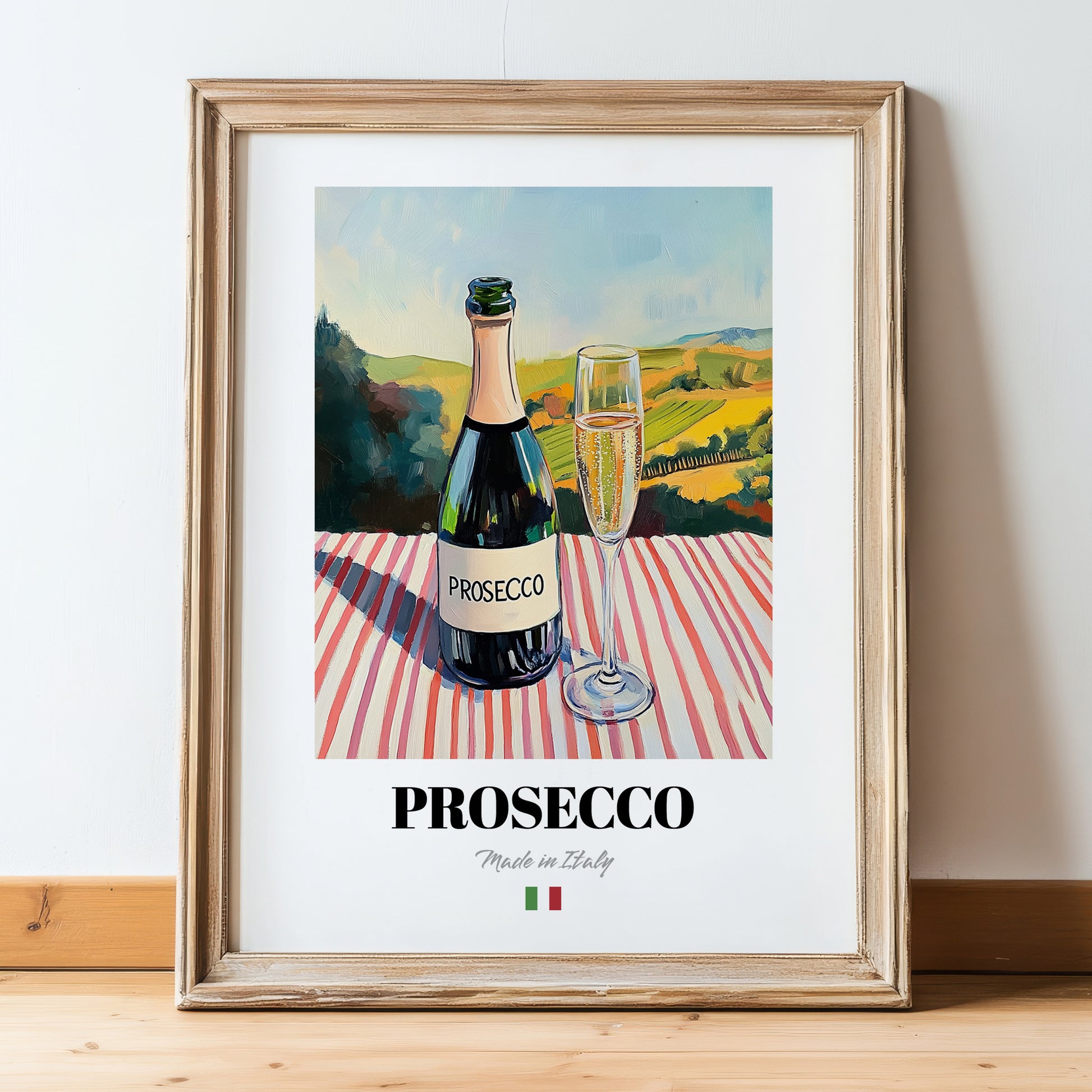 Prosecco – Italian Sparkling Wine, Vineyard Terrace Wall Decor, in wooden frame leaning on the floor
