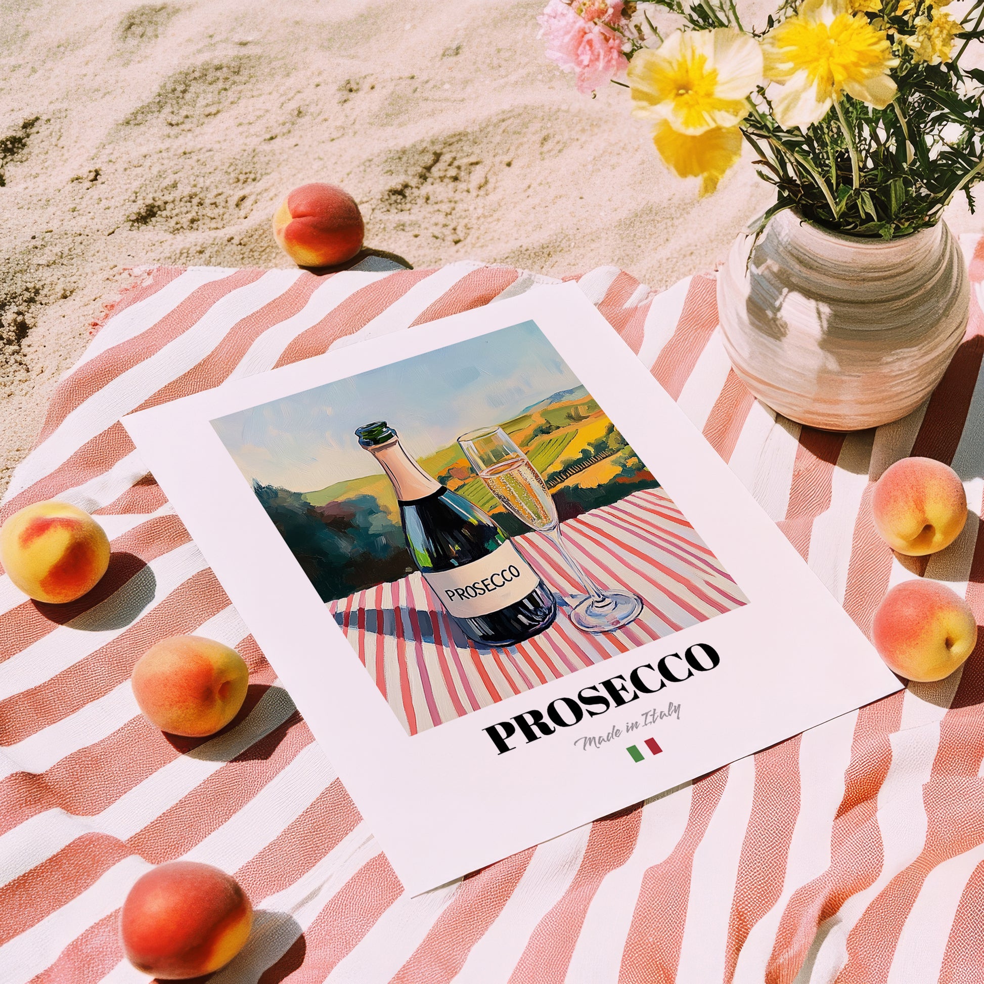 Prosecco – Italian Sparkling Wine, Vineyard Terrace Wall Decor, unframed on coastal sand