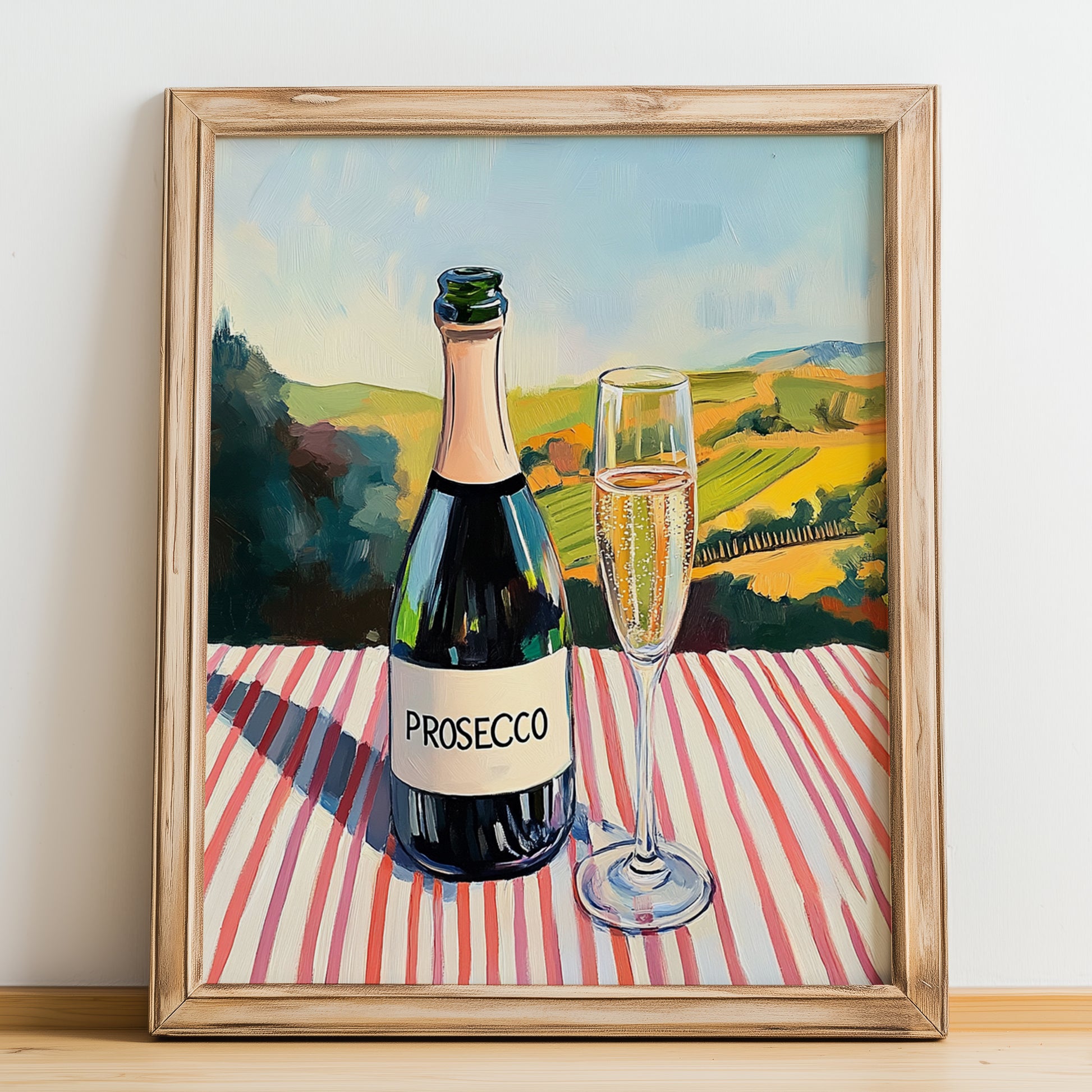 Prosecco – Italian Sparkling Wine, Vineyard Terrace Wall Decor, no-text version framed in wood