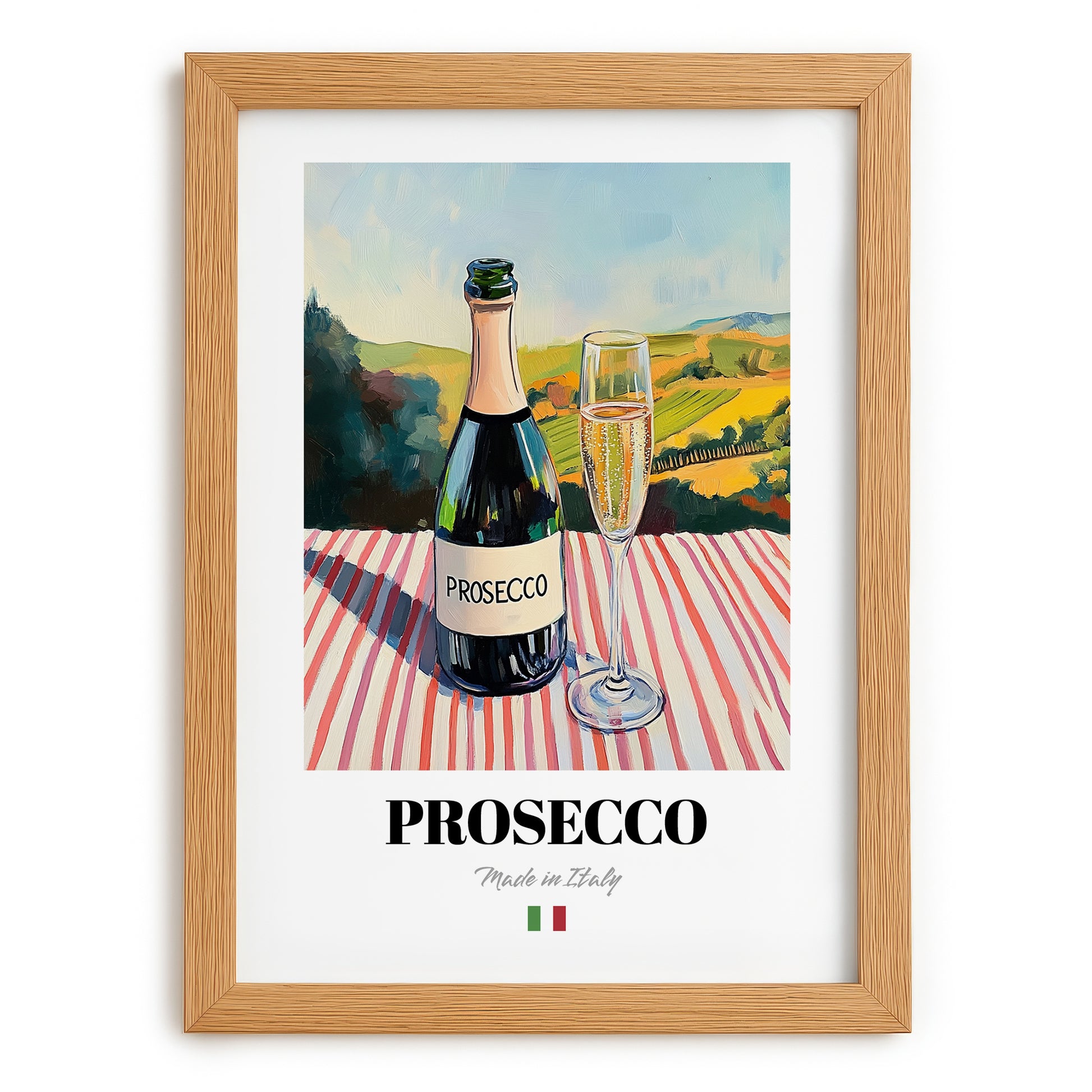 Prosecco – Italian Sparkling Wine, Vineyard Terrace Wall Decor, set in oak frame