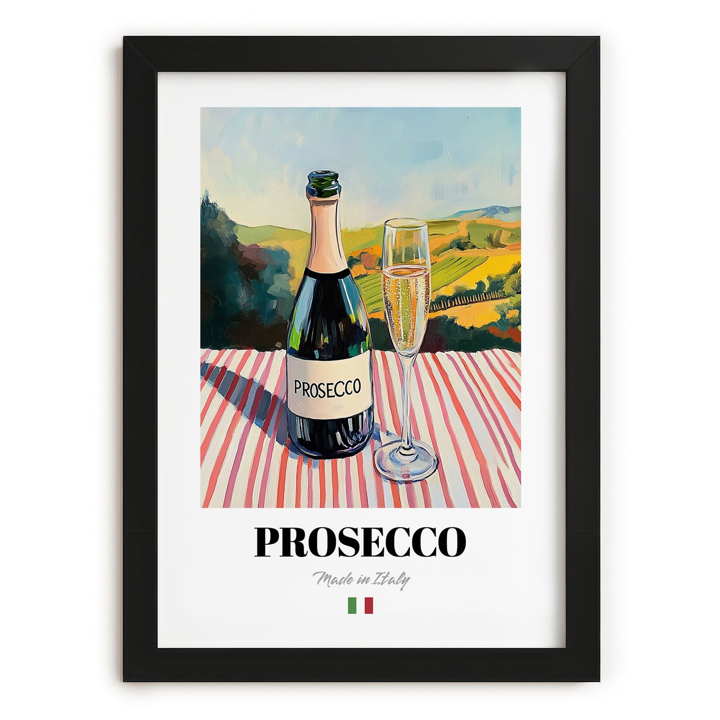 Prosecco – Italian Sparkling Wine, Vineyard Terrace Wall Decor, in sleek black frame