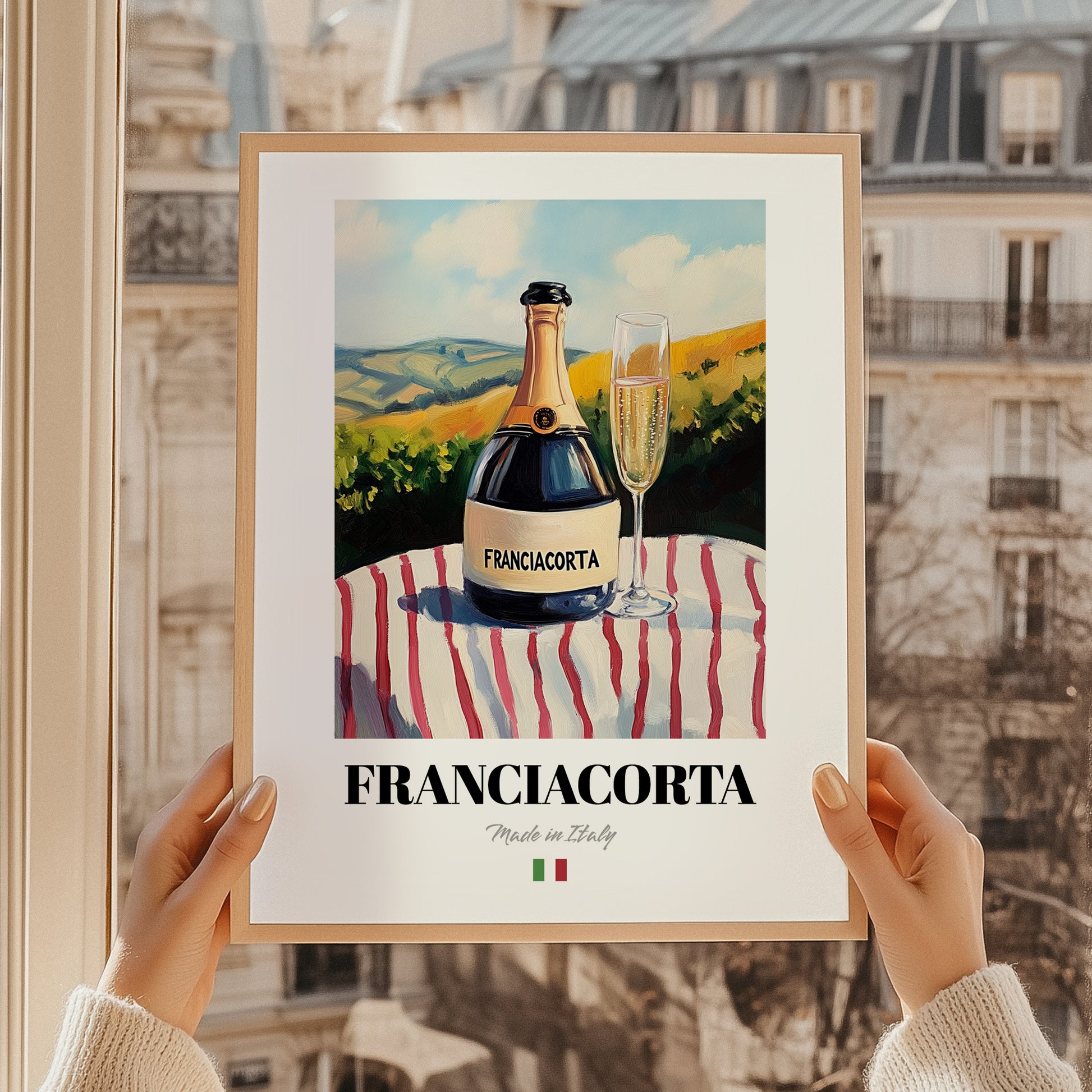 Franciacorta – Italian Sparkling Wine, Vineyard Terrace Print, styled in a charming Paris street view