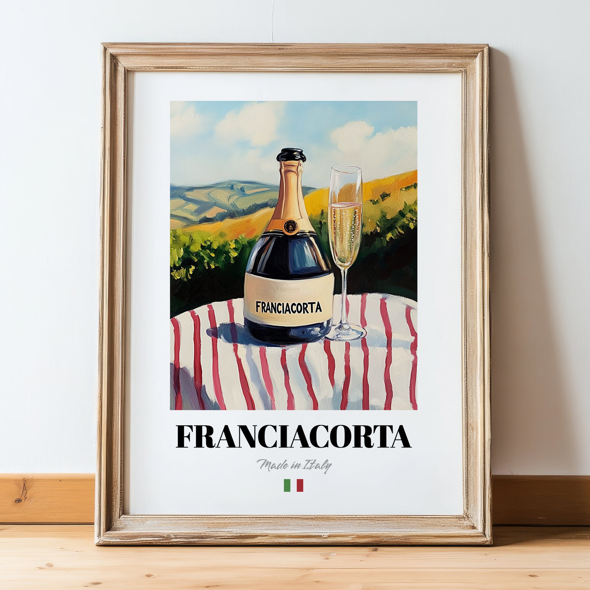 Franciacorta – Italian Sparkling Wine, Vineyard Terrace Print, in wooden frame leaning on the floor