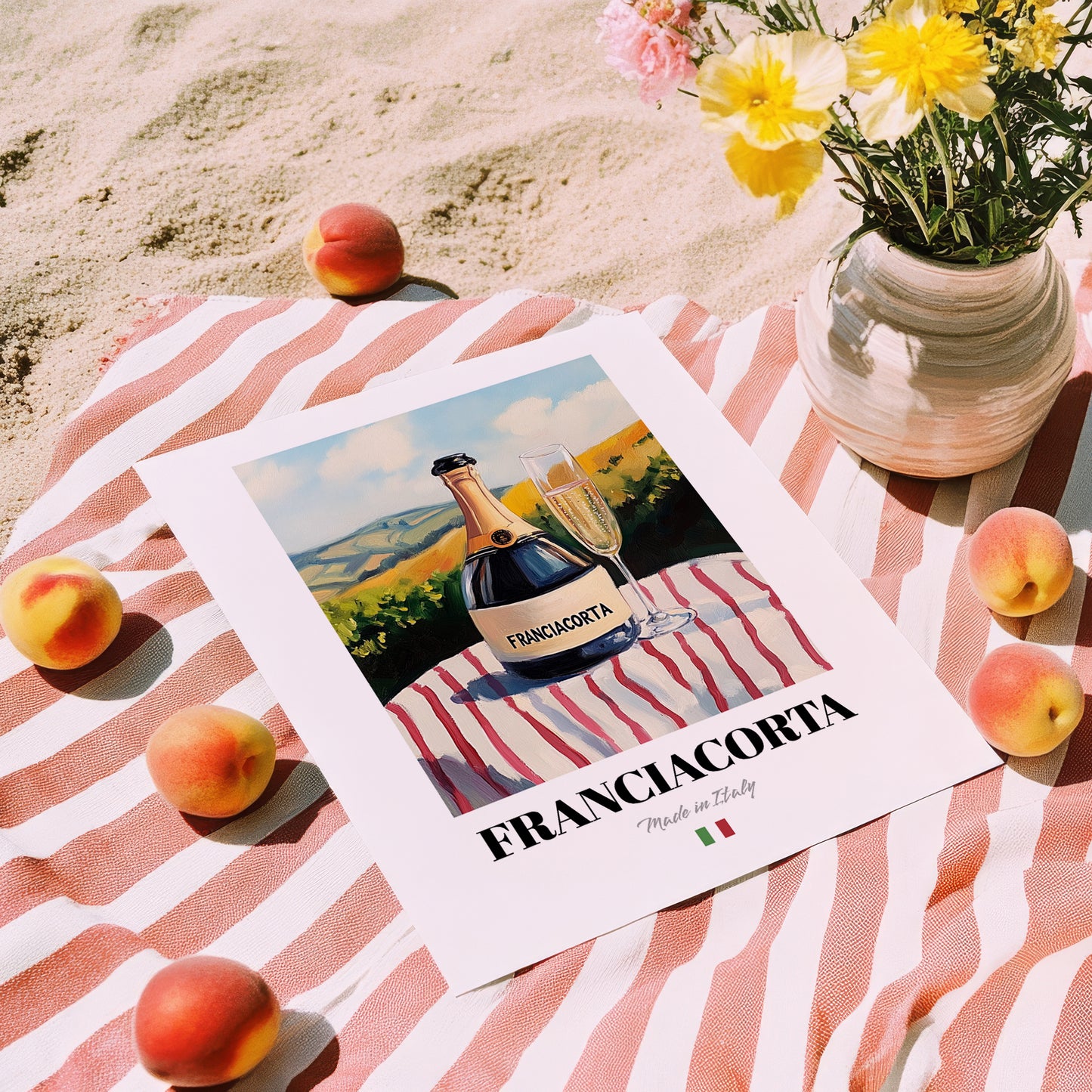 Franciacorta – Italian Sparkling Wine, Vineyard Terrace Print, unframed on coastal sand