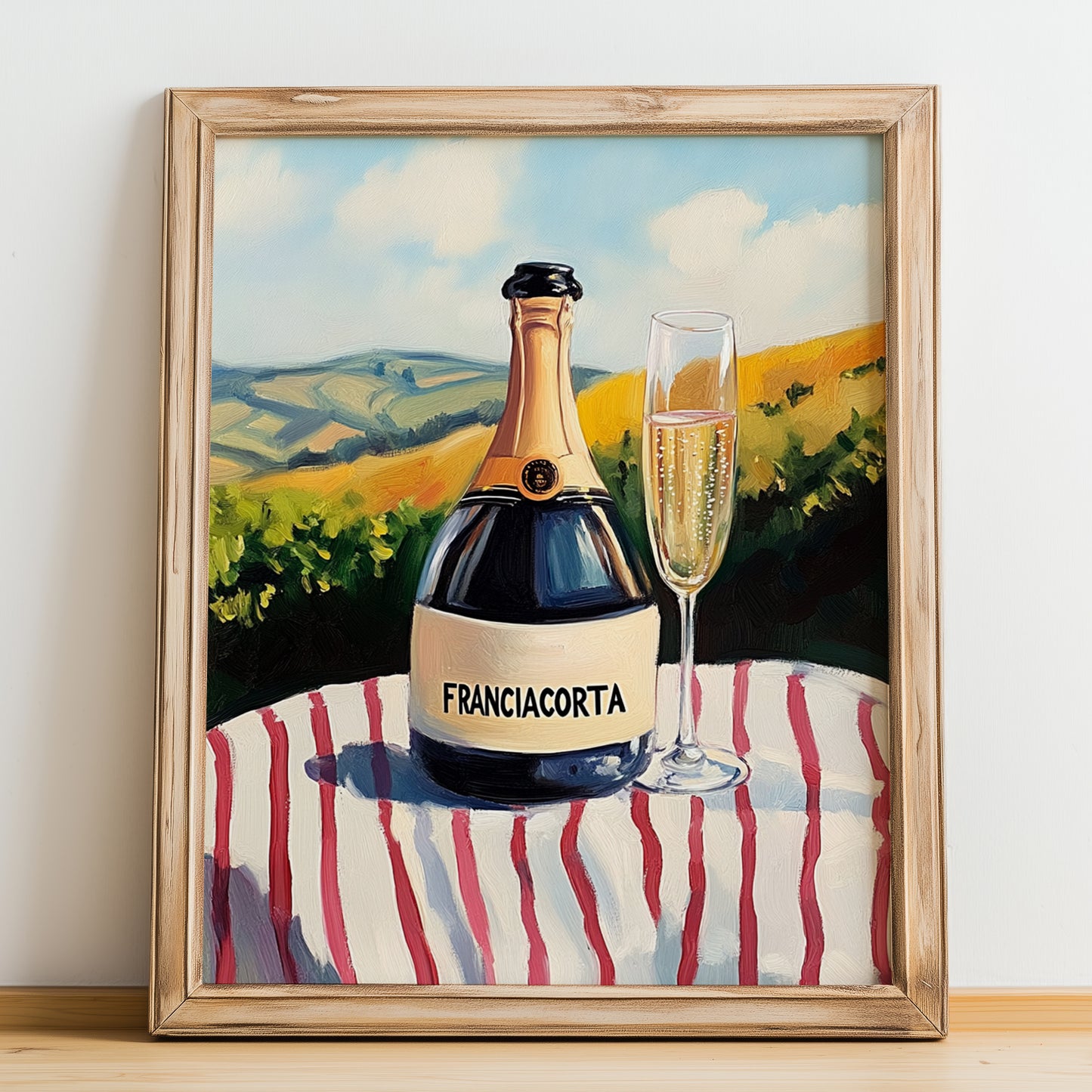 Franciacorta – Italian Sparkling Wine, Vineyard Terrace Print, no-text version framed in wood