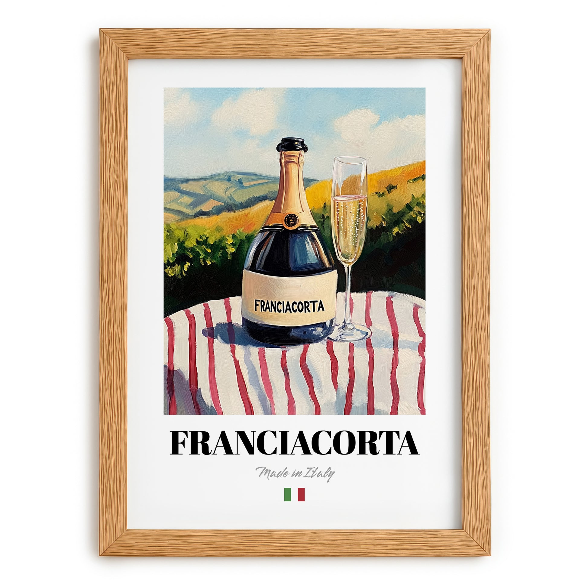 Franciacorta – Italian Sparkling Wine, Vineyard Terrace Print, set in oak frame