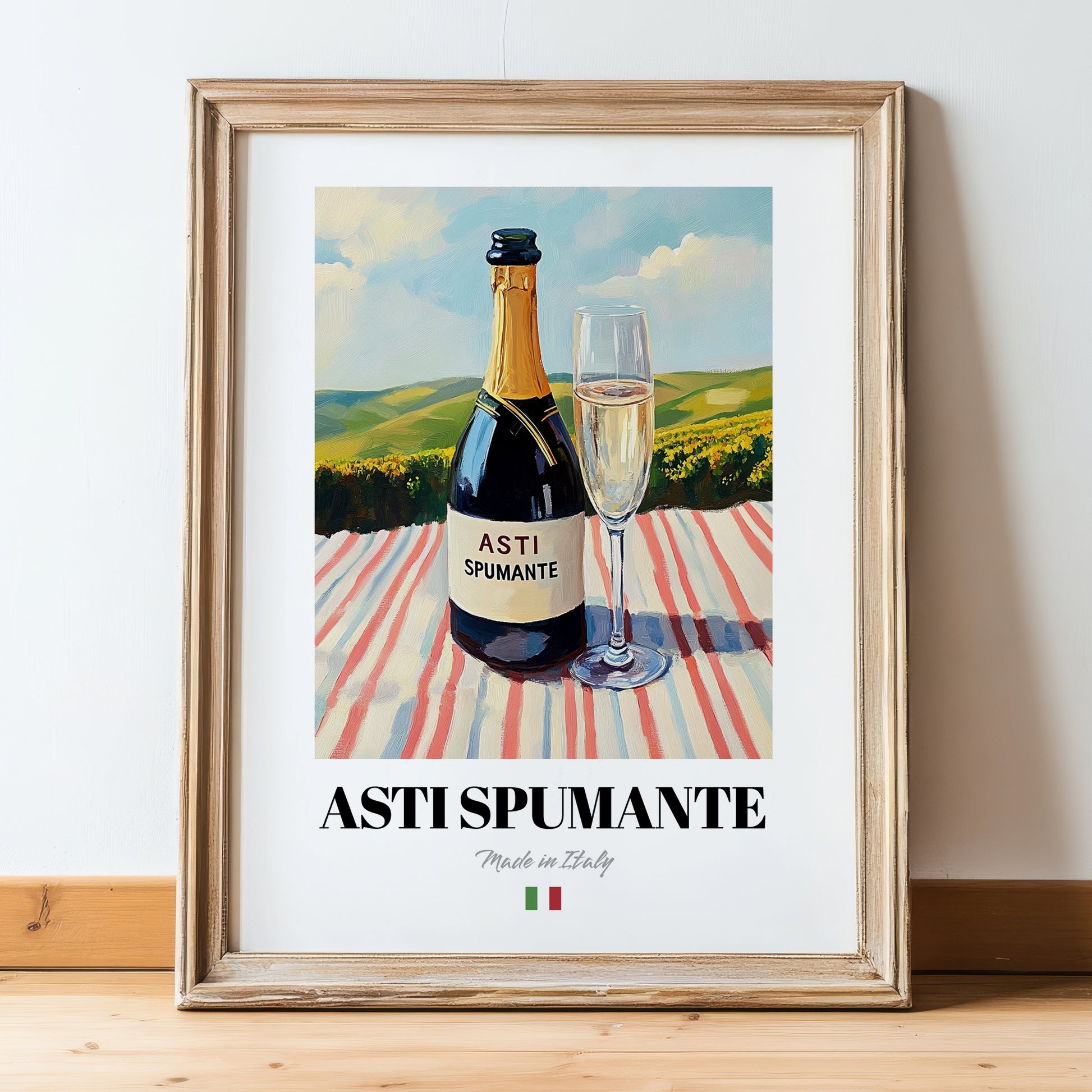Asti Spumante – Italian Sparkling Wine, Bodega Wall Art, in wooden frame leaning on the floor