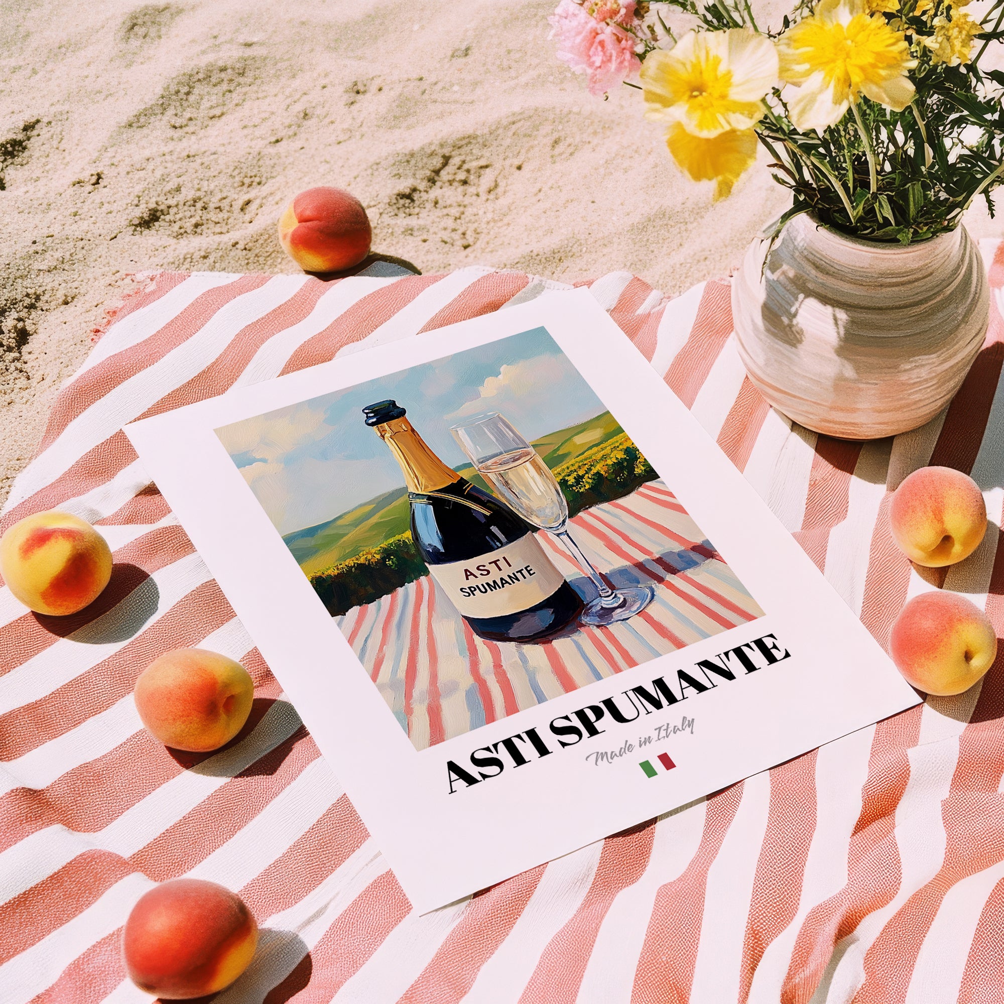 Asti Spumante – Italian Sparkling Wine, Bodega Wall Art, unframed on coastal sand