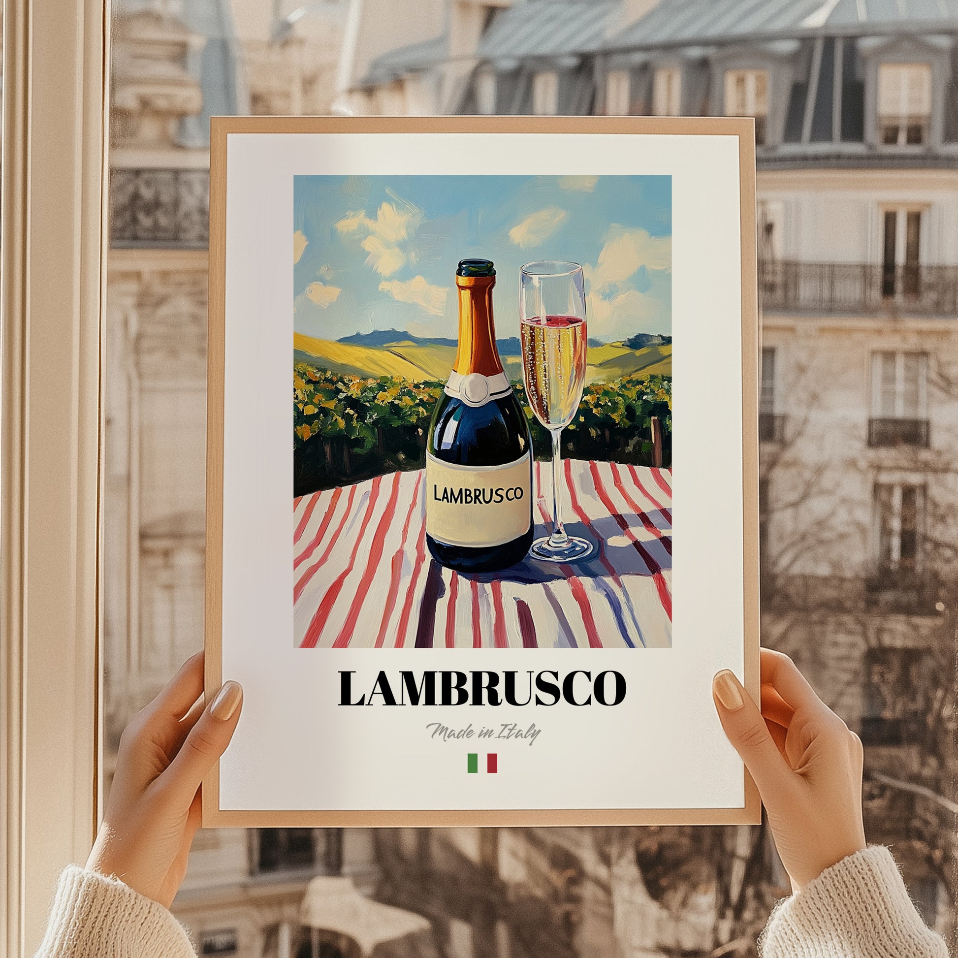 Lambrusco – Italian Sparkling Wine, Wine Bar Wall Art, styled in a charming Paris street view