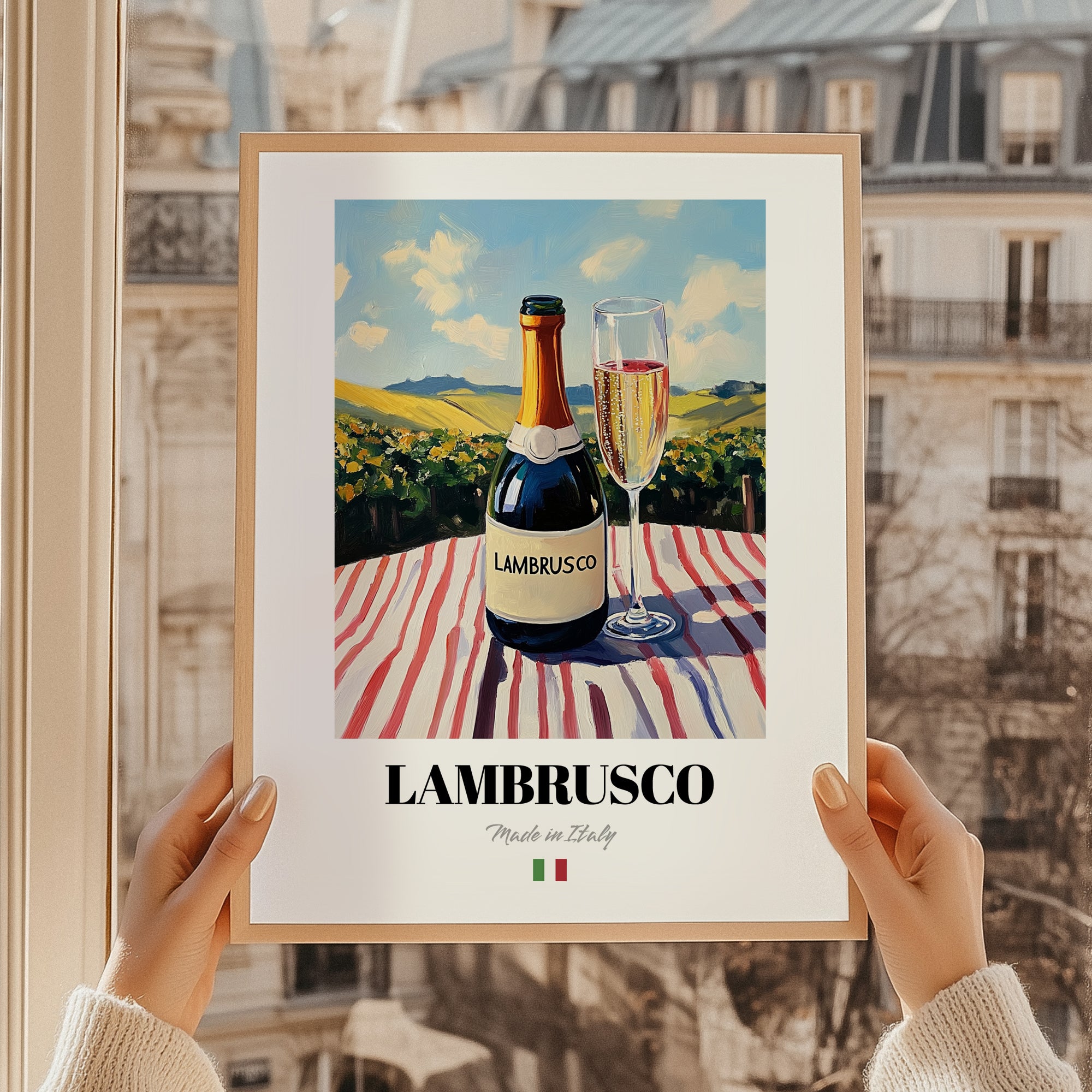 Lambrusco – Italian Sparkling Wine, Wine Bar Wall Art, styled in a charming Paris street view