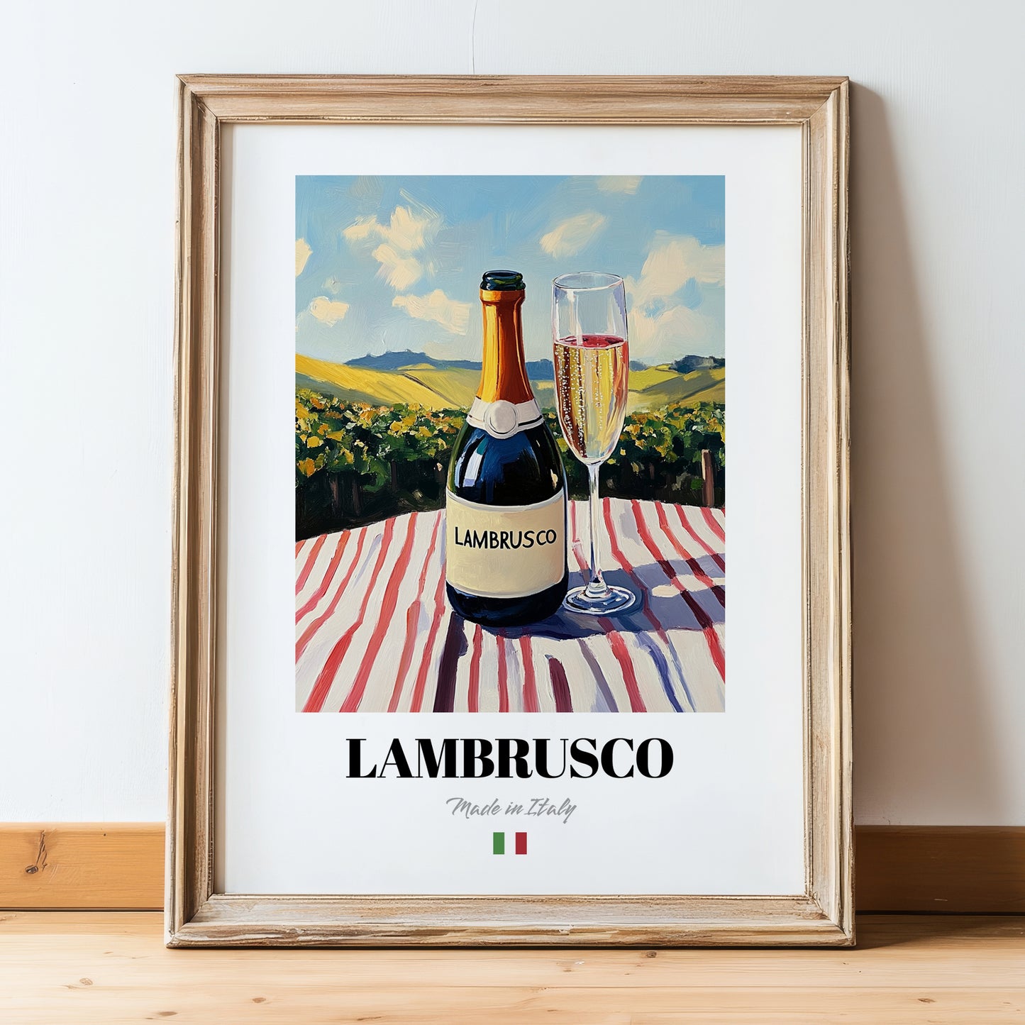 Lambrusco – Italian Sparkling Wine, Wine Bar Wall Art, in wooden frame leaning on the floor