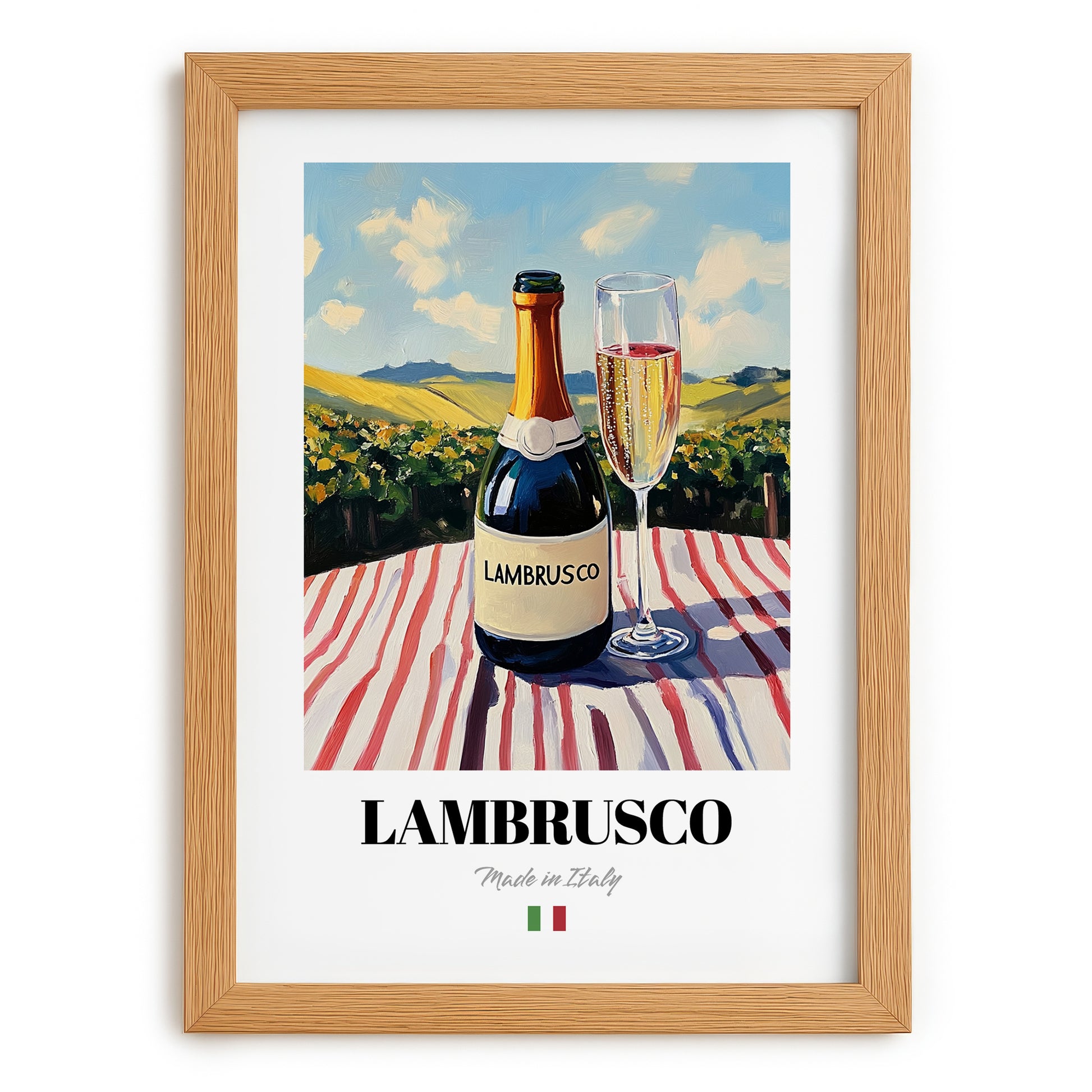 Lambrusco – Italian Sparkling Wine, Wine Bar Wall Art, set in oak frame