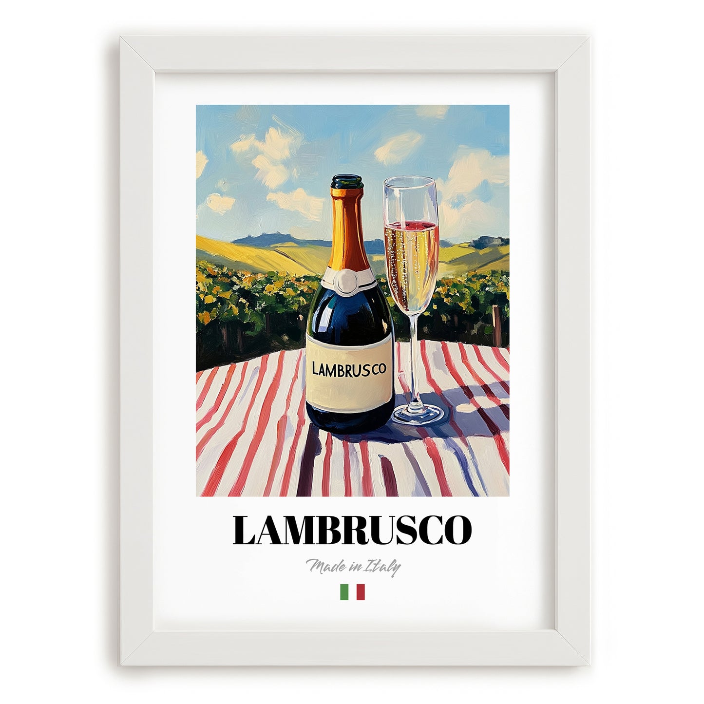 Lambrusco – Italian Sparkling Wine, Wine Bar Wall Art, placed in minimal white frame